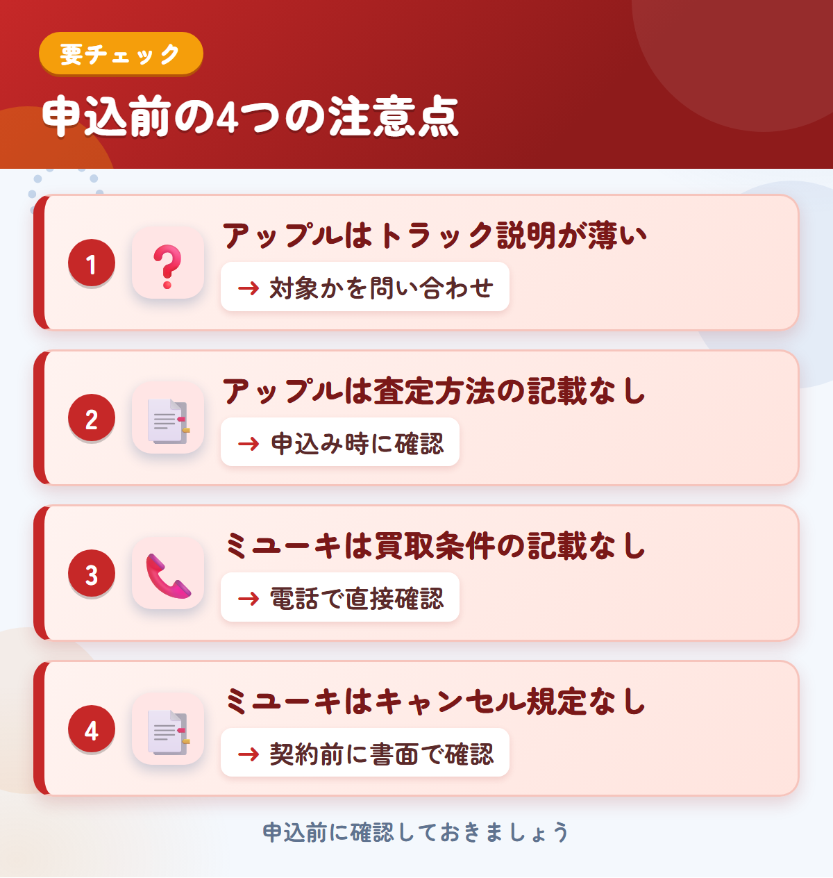 アップルとミユーキの申込前の注意点4つ。アップルはトラック説明が薄い、アップルは査定方法の記載なし、ミユーキは買取条件の記載なし、ミユーキはキャンセル規定なし
