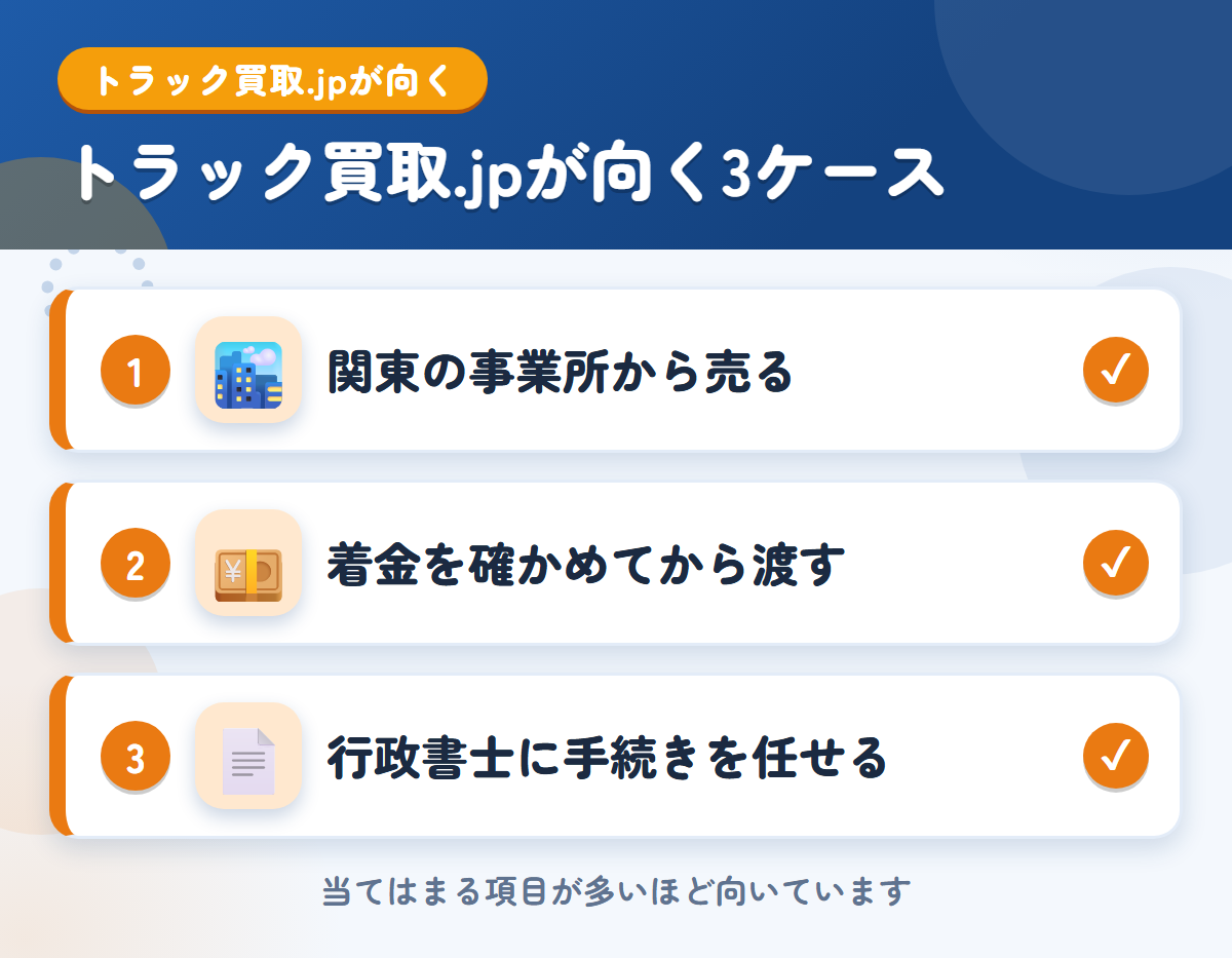 トラック買取.jpが向くケース。関東の事業所から売りたい、着金を確かめてから渡したい、行政書士に手続きを任せたい