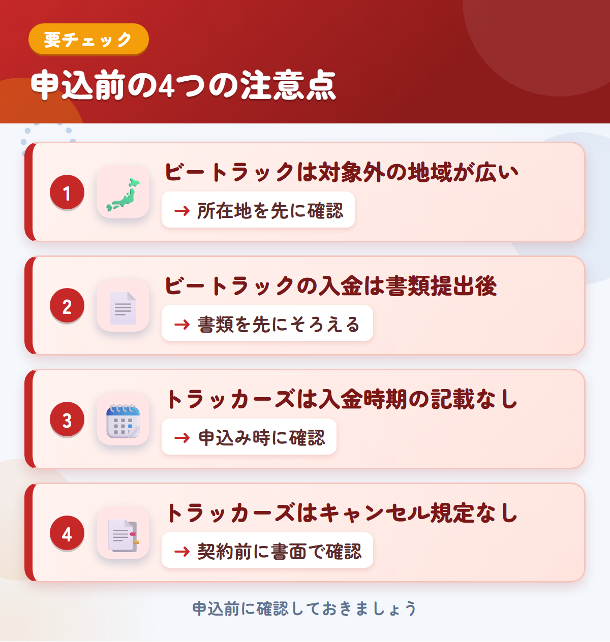 ビートラックとトラッカーズオークションの申込前の注意点4つ。ビートラックは対象外の地域が広い、入金は書類提出後、トラッカーズは入金時期とキャンセル規定の記載なし