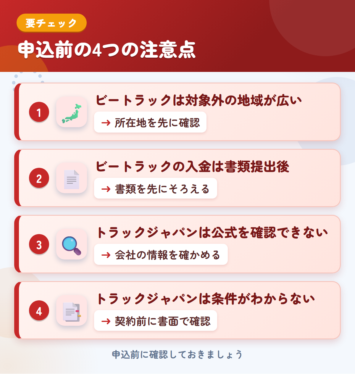 ビートラックとトラックジャパンの申込前の注意点4つ。ビートラックは対象外の地域が広い、入金は書類提出後、トラックジャパンは公式を確認できない、条件がわからない