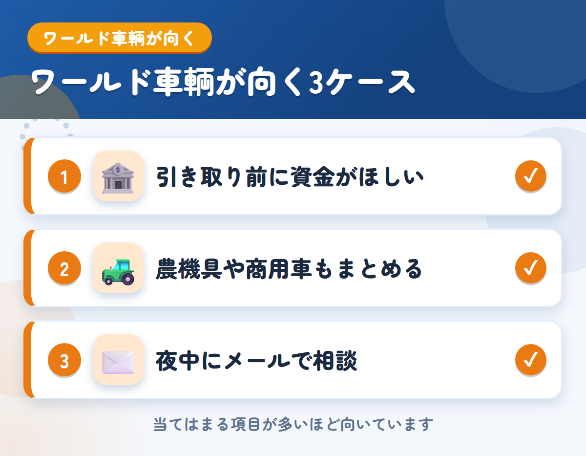 ワールド車輌が向くケース。引き取り前に資金がほしい、農機具や商用車もまとめたい、夜中にメールで相談したい