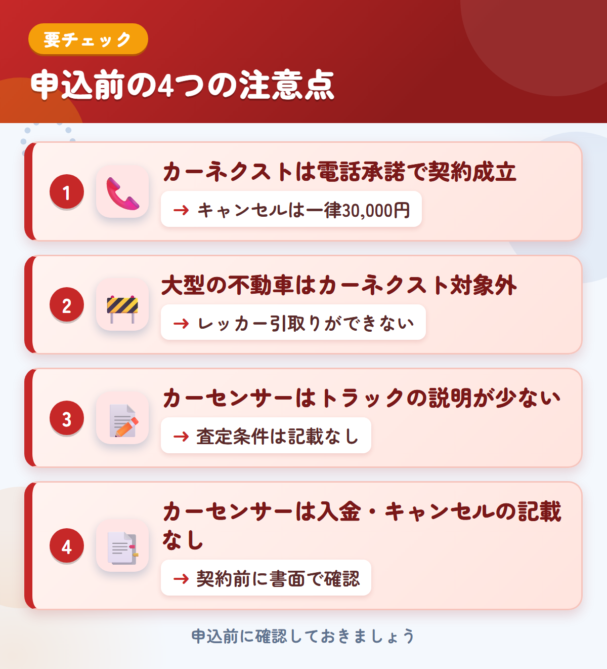 カーネクストとカーセンサーの申込前の注意点4つ。電話承諾で契約成立、大型の不動車、カーセンサーはトラックの説明が少ない、入金・キャンセルの記載なし