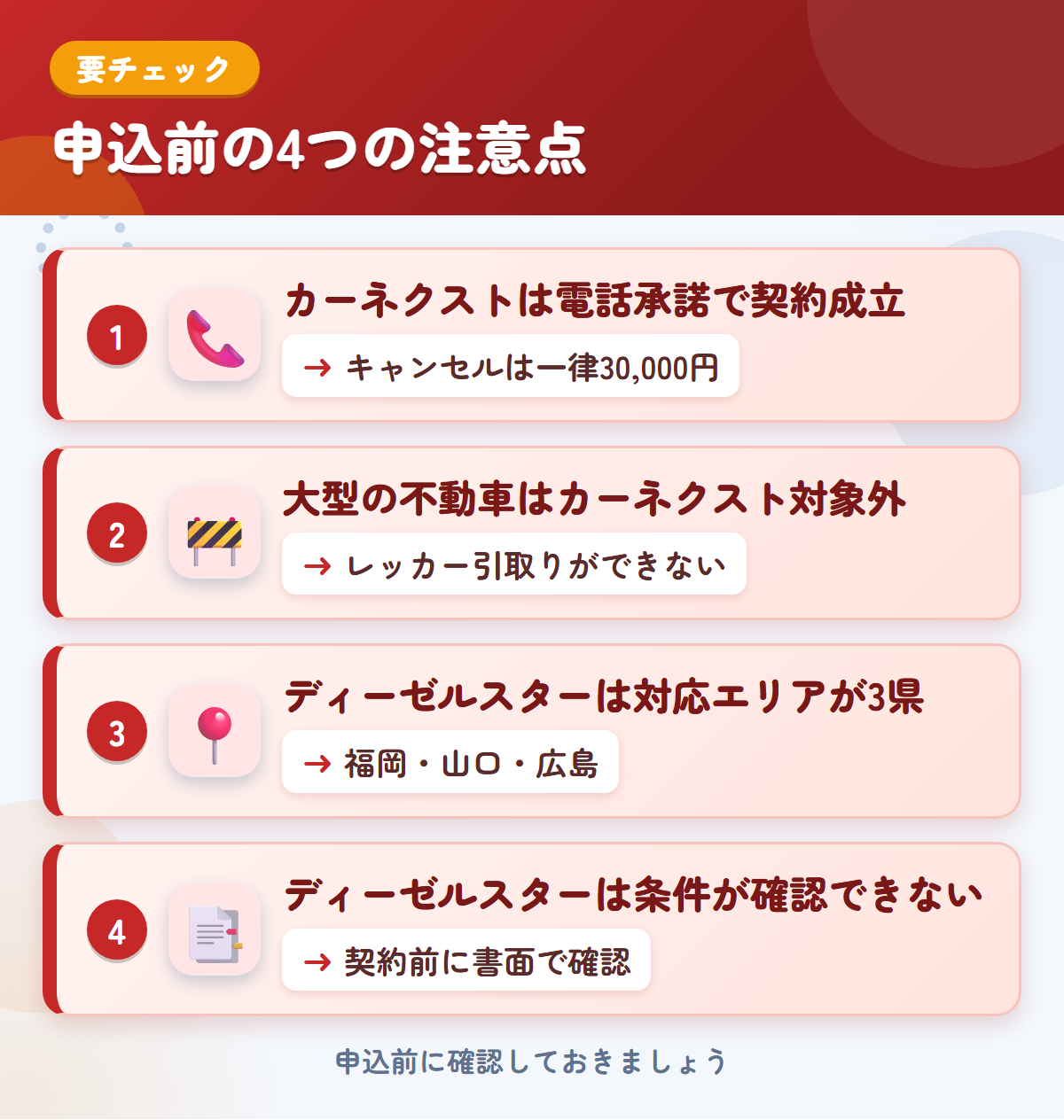 カーネクストとディーゼルスターの申込前の注意点4つ。電話承諾で契約成立、大型の不動車、ディーゼルスターは対応エリアが3県、条件の記載が確認できない