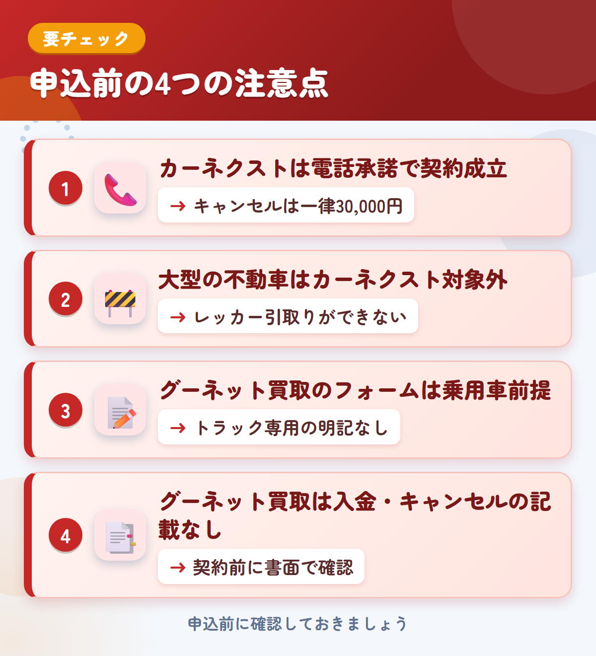 カーネクストとグーネット買取の申込前の注意点4つ。電話承諾で契約成立、大型の不動車、グーネット買取のフォームは乗用車前提、入金・キャンセルの記載なし