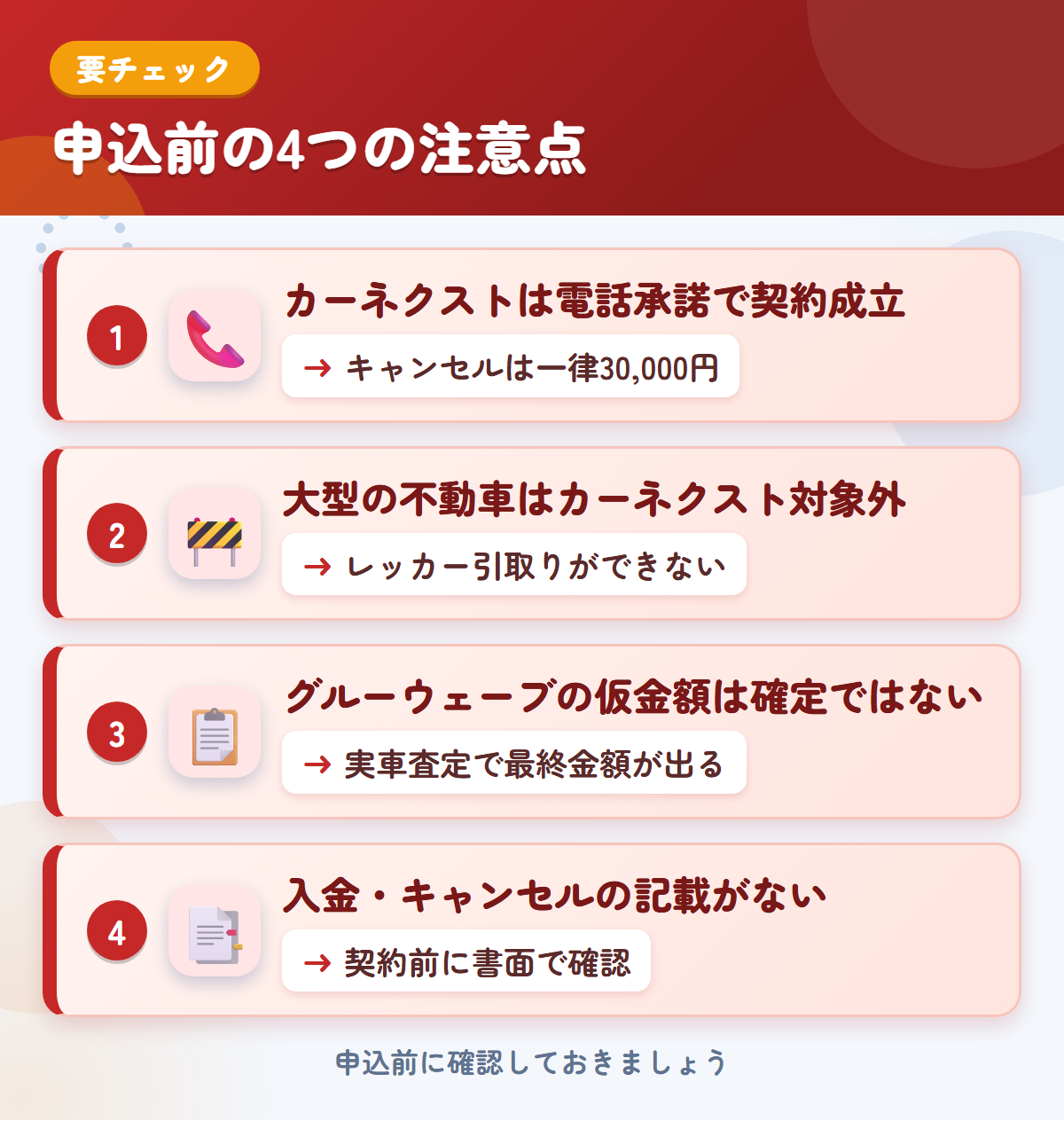 カーネクストとグルーウェーブの申込前の注意点4つ。電話承諾で契約成立、大型の不動車、仮金額は確定ではない、入金・キャンセルの記載なし
