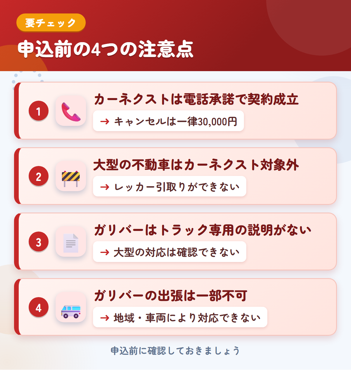 カーネクストとガリバーの申込前の注意点4つ。電話承諾で契約成立、大型の不動車、ガリバーはトラック専用の説明がない、出張は一部不可