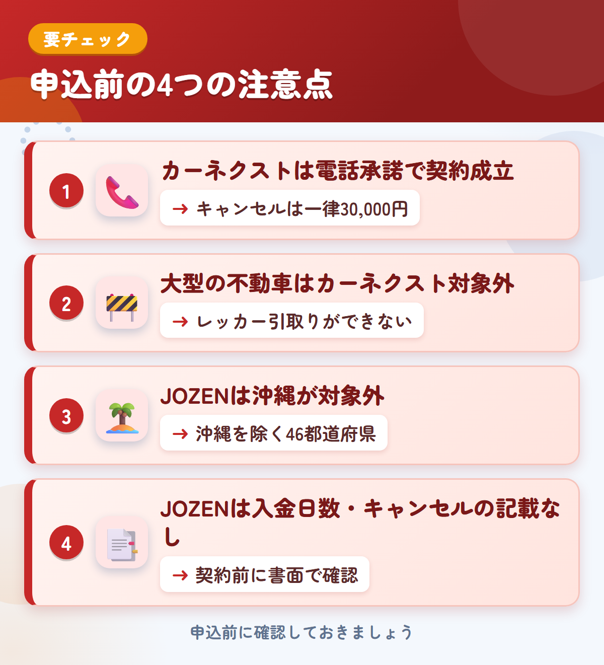 カーネクストとJOZEN買取の申込前の注意点4つ。電話承諾で契約成立、大型の不動車、JOZENは沖縄が対象外、入金日数・キャンセルの記載なし