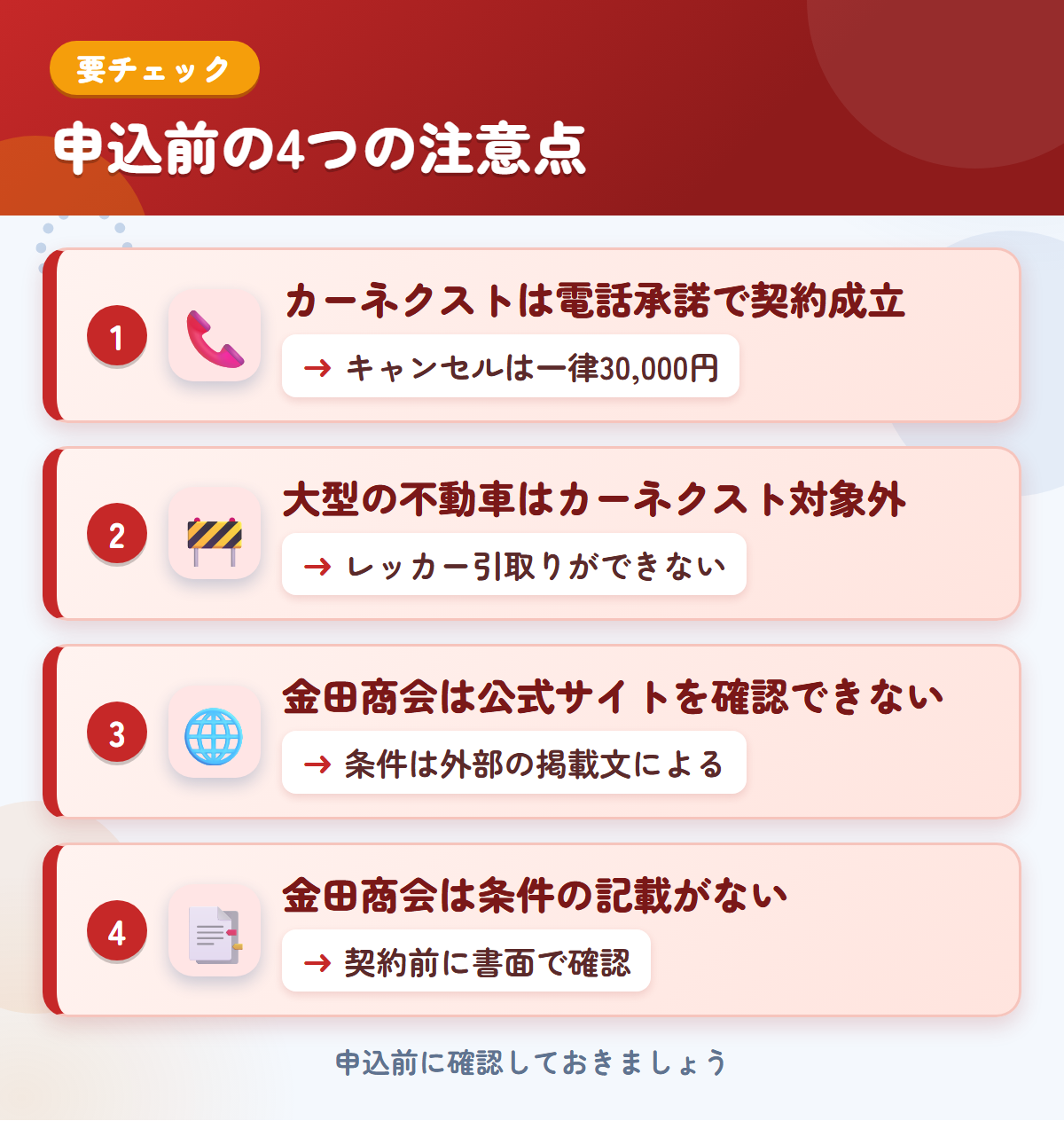 カーネクストと金田商会の申込前の注意点4つ。電話承諾で契約成立、大型の不動車、金田商会は公式サイトを確認できない、条件の記載がない