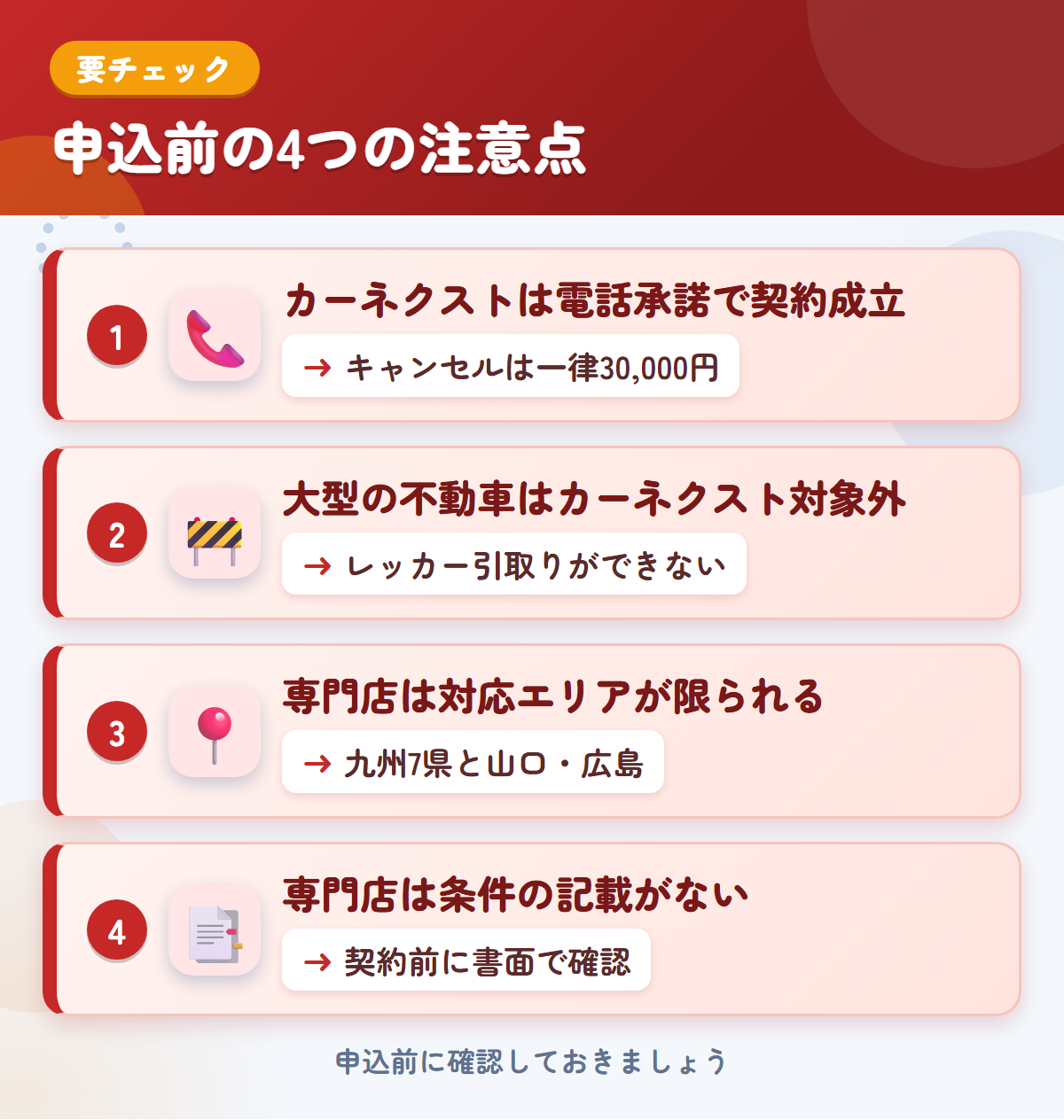 カーネクストとトラック重機買取専門店の申込前の注意点4つ。電話承諾で契約成立、大型の不動車、専門店は対応エリアが限られる、条件の記載がない