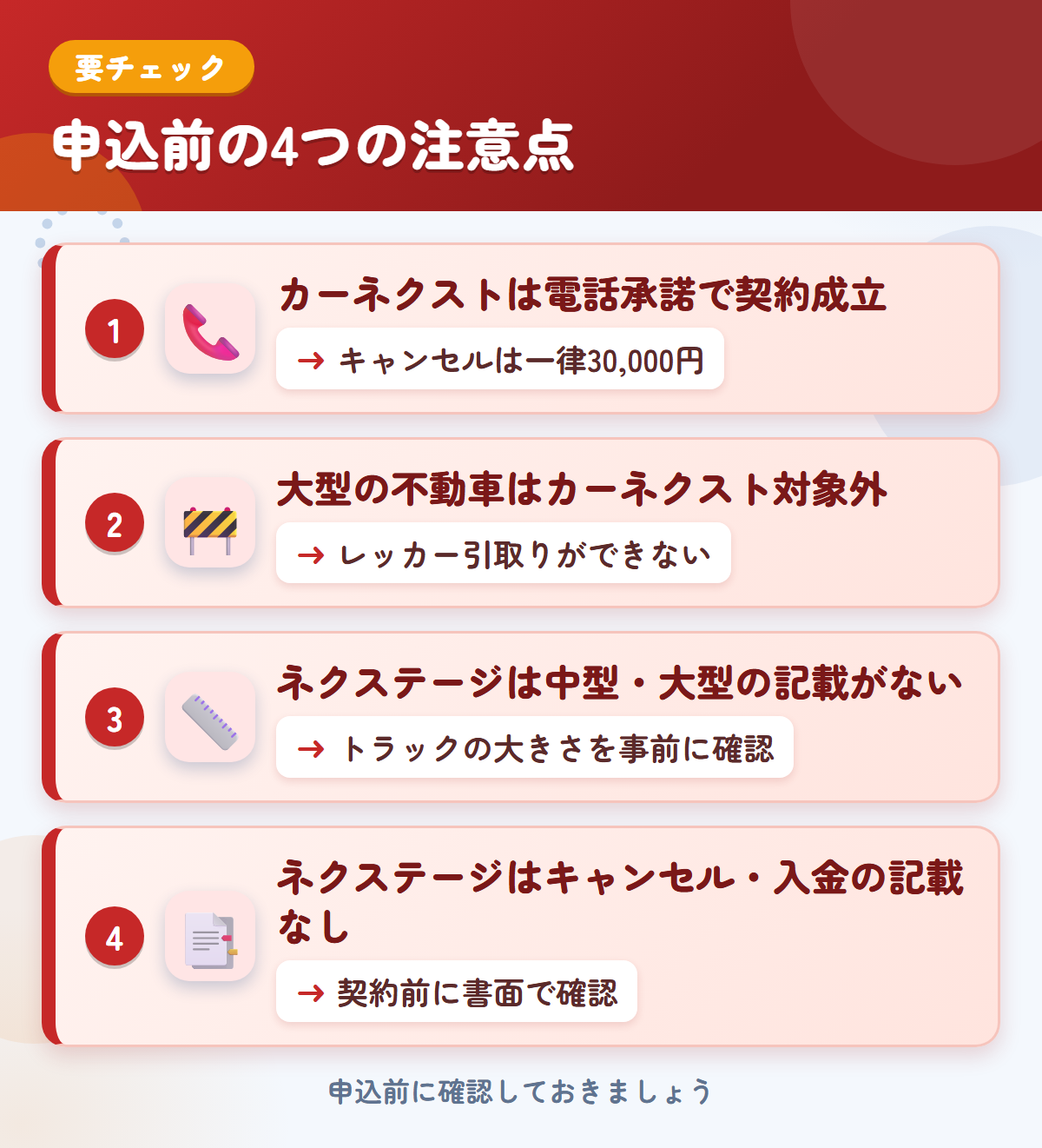 カーネクストとネクステージの申込前の注意点4つ。電話承諾で契約成立、大型の不動車、ネクステージは中型・大型の記載がない、キャンセル・入金の記載なし