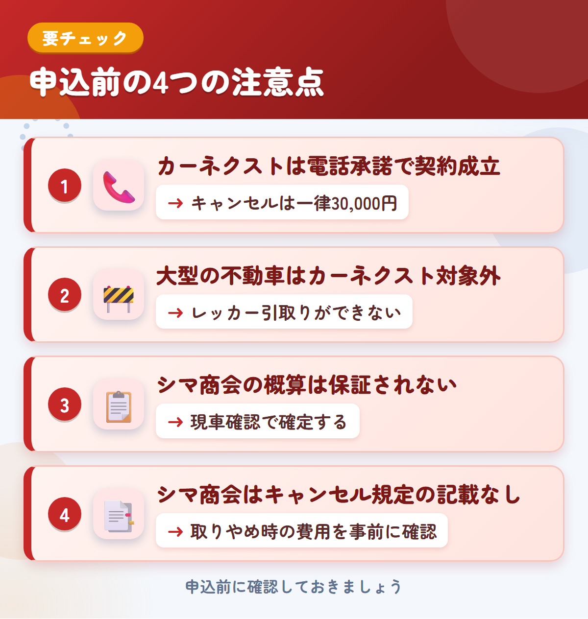 カーネクストとシマ商会の申込前の注意点4つ。電話承諾で契約成立、大型の不動車、シマ商会の概算は保証されない、キャンセル規定の記載なし