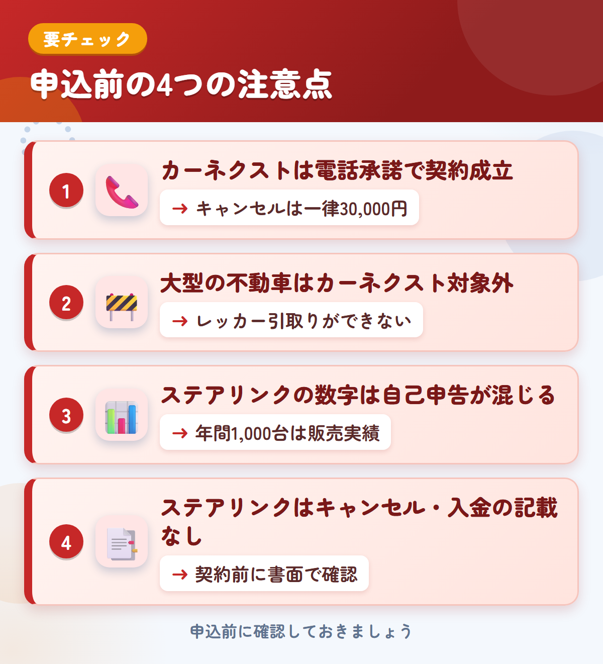 カーネクストとステアリンクの申込前の注意点4つ。電話承諾で契約成立、大型の不動車、ステアリンクの数字は自己申告が混じる、キャンセル・入金の記載なし