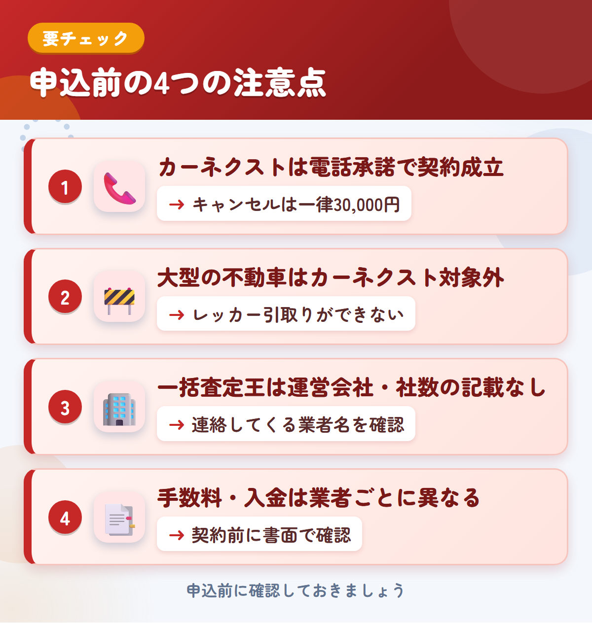 カーネクストとトラック一括査定王の申込前の注意点4つ。電話承諾で契約成立、大型の不動車、運営会社・社数の記載なし、手数料・入金は業者ごと