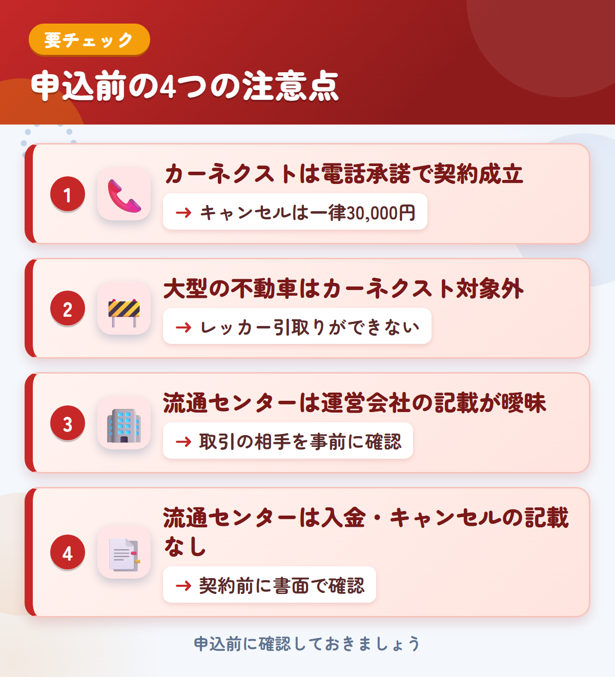 カーネクストとトラック流通センターの申込前の注意点4つ。電話承諾で契約成立、大型の不動車、運営会社の記載が曖昧、入金・キャンセルの記載なし