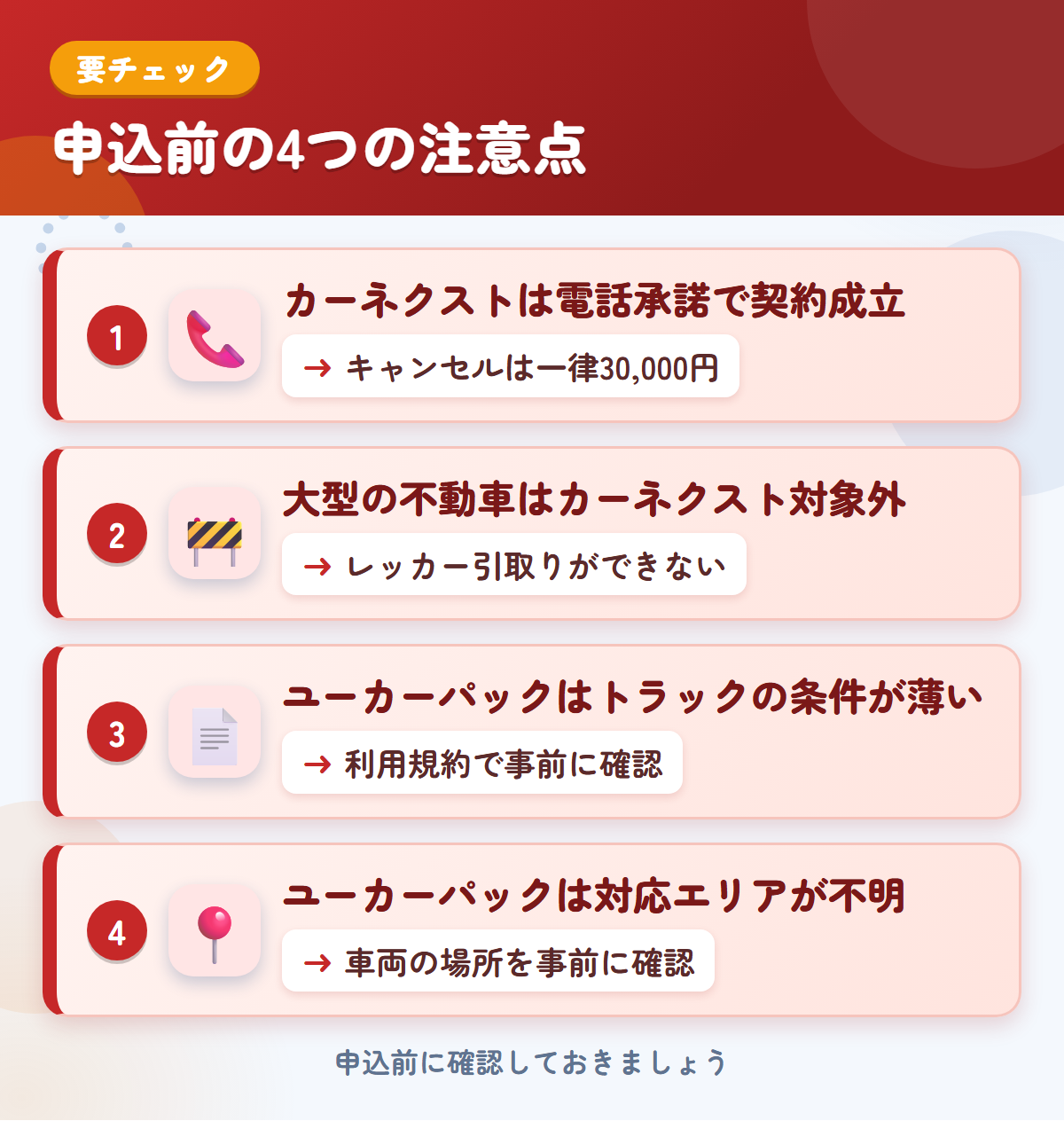 カーネクストとユーカーパックの申込前の注意点4つ。電話承諾で契約成立、大型の不動車、ユーカーパックはトラック専用の条件が薄い、営業時間が限られる