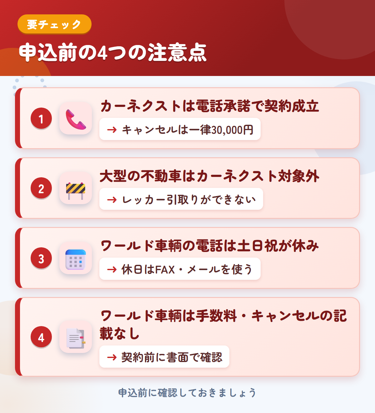 カーネクストとワールド車輌の申込前の注意点4つ。電話承諾で契約成立、大型の不動車、ワールド車輌の電話は土日祝が休み、手数料・キャンセルの記載なし