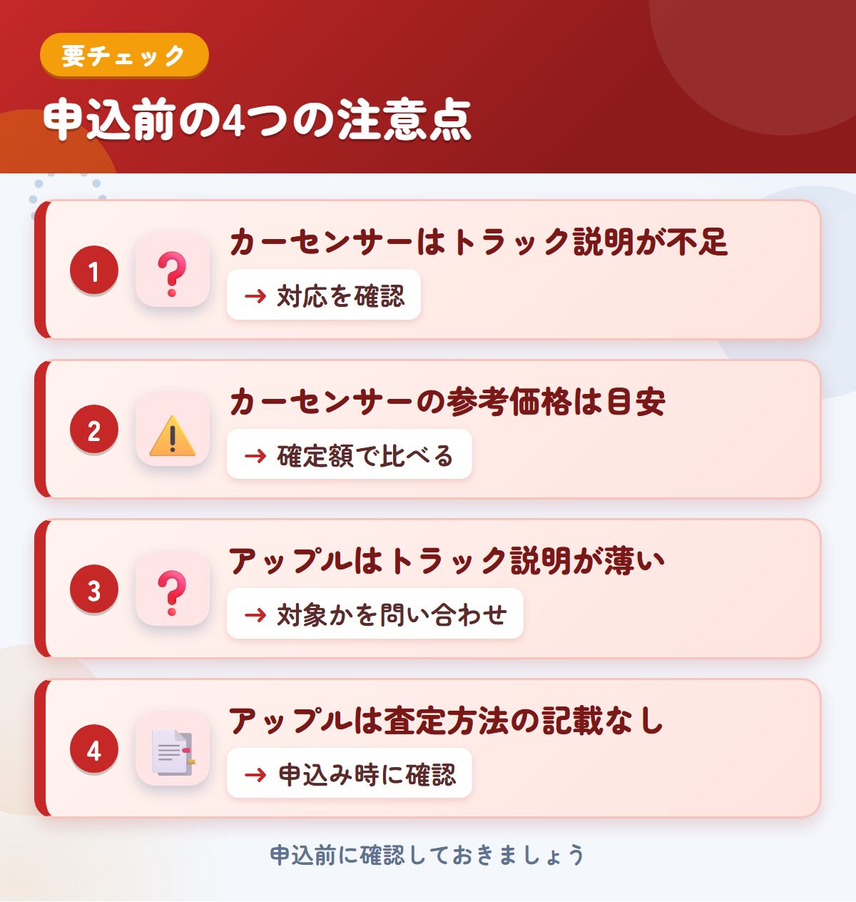 カーセンサーとアップルの申込前の注意点4つ。カーセンサーはトラック説明が不足、カーセンサーの参考価格は目安、アップルはトラック説明が薄い、アップルは査定方法の記載なし
