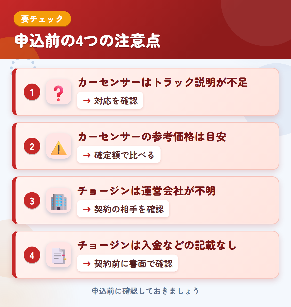 カーセンサーとチョージンの申込前の注意点4つ。カーセンサーはトラック説明が不足、カーセンサーの参考価格は目安、チョージンは運営会社が不明、チョージンは入金などの記載なし