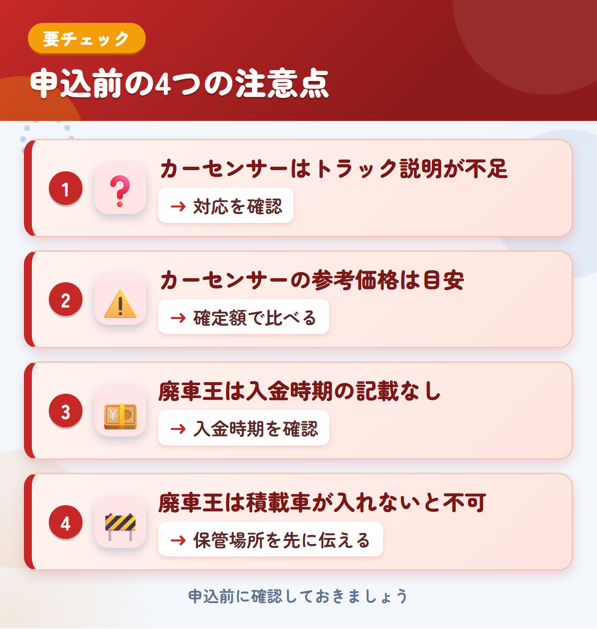 カーセンサーと廃車王の申込前の注意点4つ。カーセンサーはトラック説明が不足、カーセンサーの参考価格は目安、廃車王は入金時期の記載なし、廃車王は積載車が入れないと不可