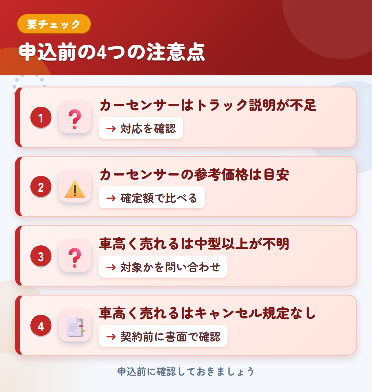 カーセンサーと車高く売れるの申込前の注意点4つ。カーセンサーはトラック説明が不足、カーセンサーの参考価格は目安、車高く売れるは中型以上が不明、車高く売れるはキャンセル規定なし