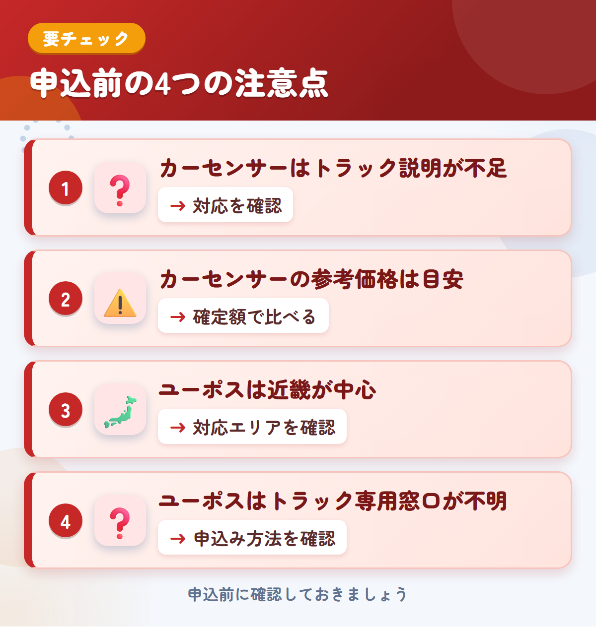 カーセンサーとユーポスの申込前の注意点4つ。カーセンサーはトラック説明が不足、カーセンサーの参考価格は目安、ユーポスは近畿が中心、ユーポスはトラック専用窓口が不明