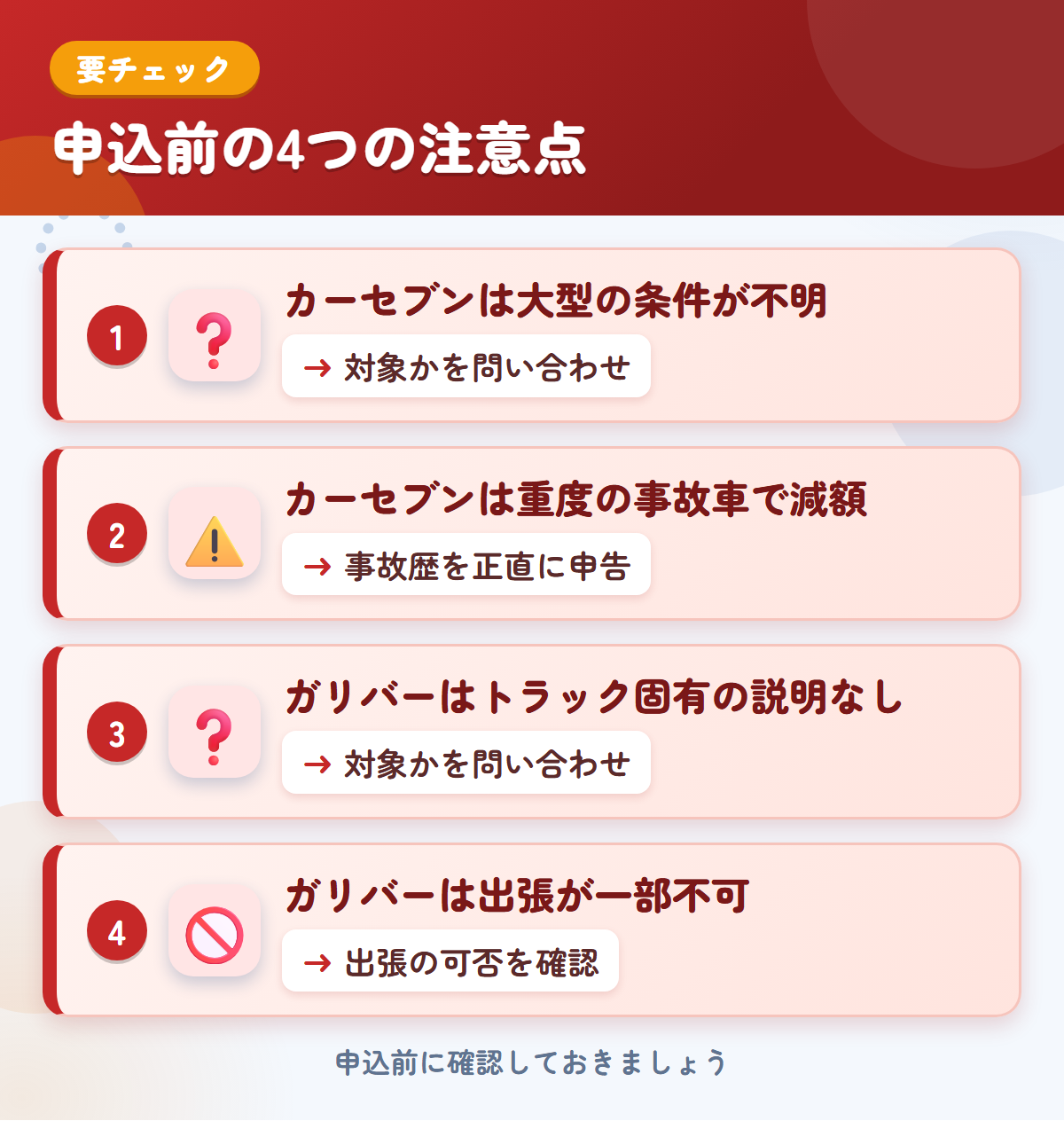 カーセブンとガリバーの申込前の注意点4つ。カーセブンは大型の条件が不明、カーセブンは重度の事故車で減額、ガリバーはトラック固有の説明なし、ガリバーは出張が一部不可