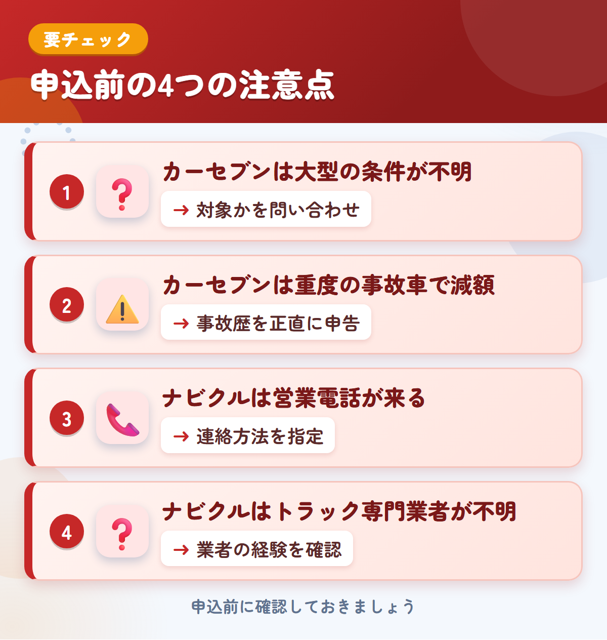 カーセブンとナビクルの申込前の注意点4つ。カーセブンは大型の条件が不明、カーセブンは重度の事故車で減額、ナビクルは営業電話が来る、ナビクルはトラック専門業者が不明