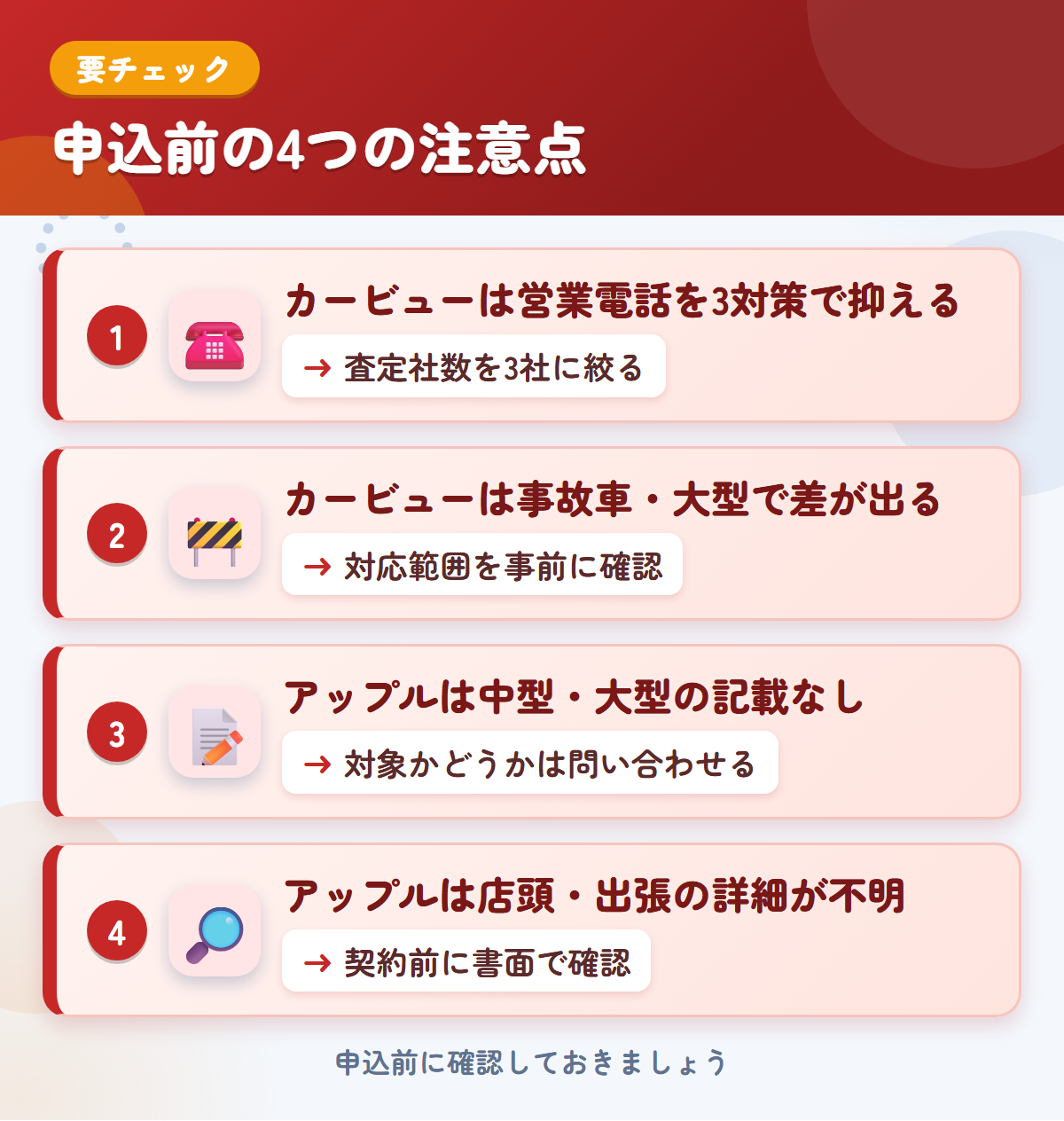 カービューとアップルの申込前の注意点4つ。カービューは営業電話を3対策で抑える、事故車・大型で差が出る、アップルは中型・大型の記載がない、店頭や出張の詳細が不明