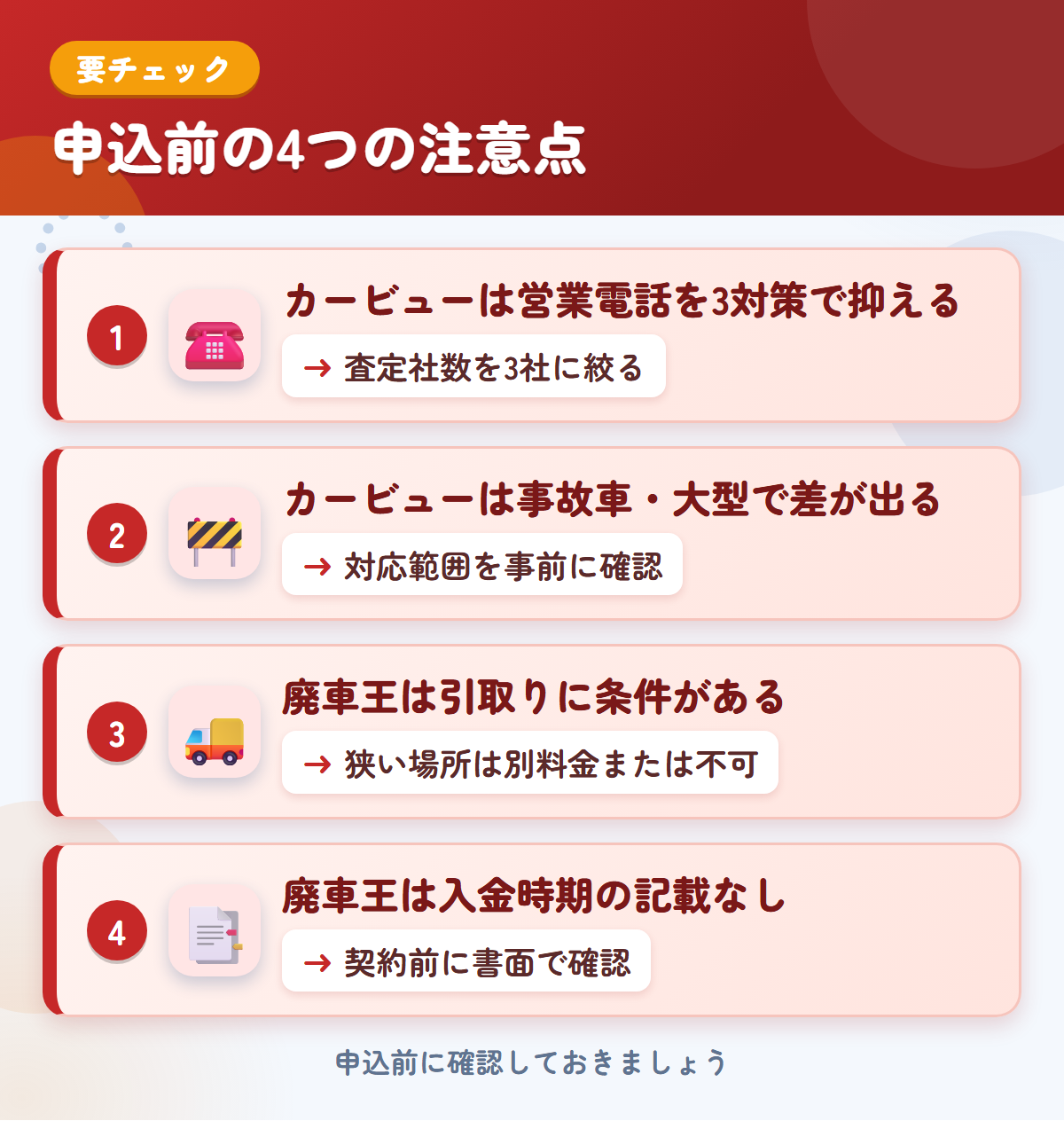 カービューと廃車王の申込前の注意点4つ。カービューは営業電話を3対策で抑える、事故車・大型で差が出る、廃車王は引取りに条件がある、入金時期の記載なし