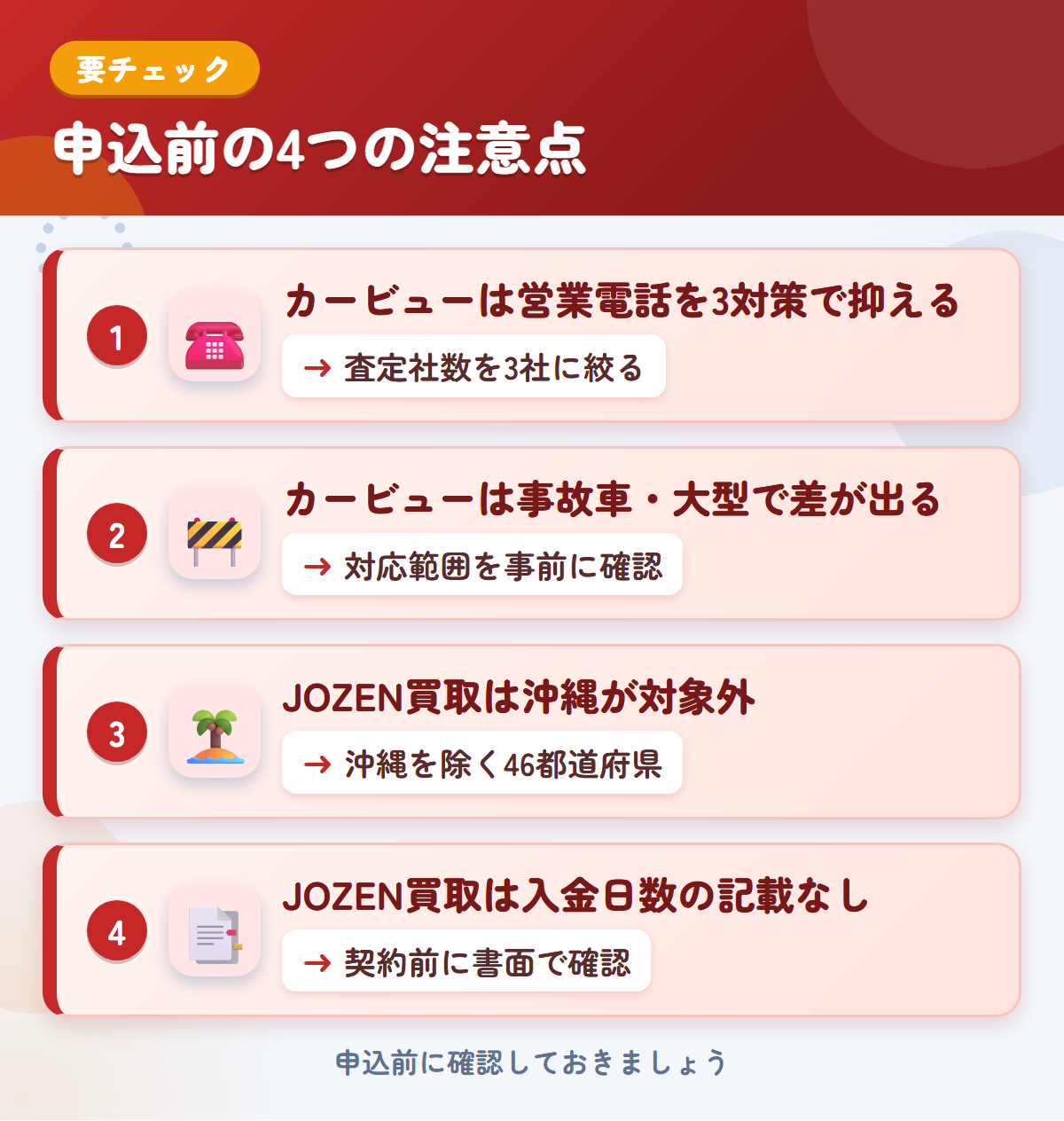 カービューとJOZEN買取の申込前の注意点4つ。カービューは営業電話を3対策で抑える、事故車・大型で差が出る、JOZEN買取は沖縄が対象外、入金日数の記載なし