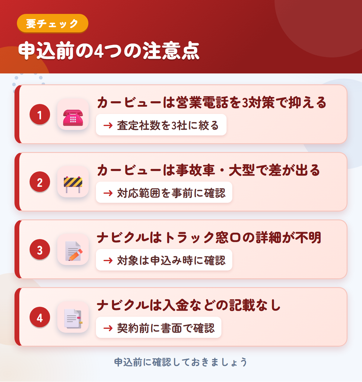 カービューとナビクルの申込前の注意点4つ。カービューは営業電話を3対策で抑える、事故車・大型で差が出る、ナビクルはトラック窓口の詳細が不明、入金などの記載なし