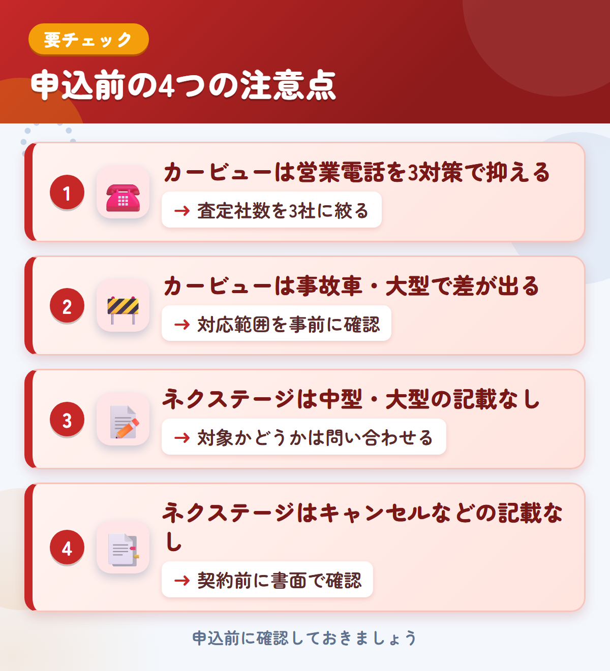 カービューとネクステージの申込前の注意点4つ。カービューは営業電話を3対策で抑える、事故車・大型で差が出る、ネクステージは中型・大型の記載がない、キャンセルなどの記載なし
