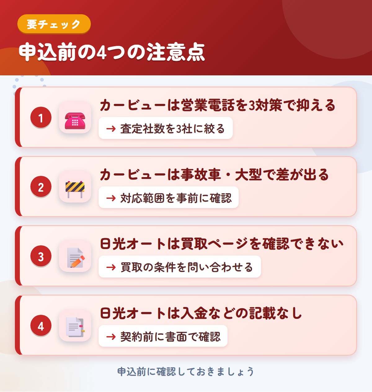 カービューと日光オートの申込前の注意点4つ。カービューは営業電話を3対策で抑える、事故車・大型で差が出る、日光オートは買取ページを確認できない、入金などの記載なし
