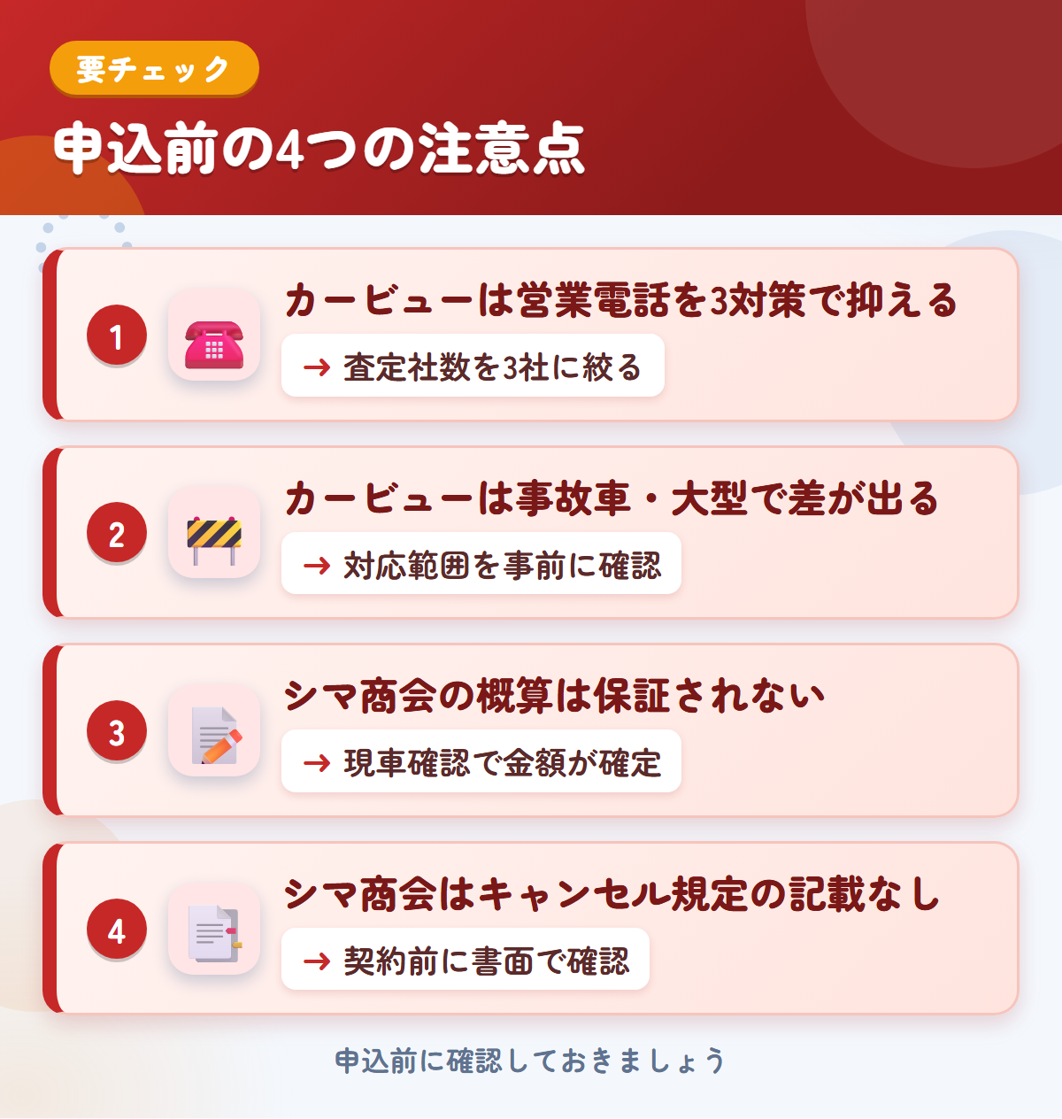 カービューとシマ商会の申込前の注意点4つ。カービューは営業電話を3対策で抑える、事故車・大型で差が出る、シマ商会の概算は保証されない、キャンセル規定の記載なし