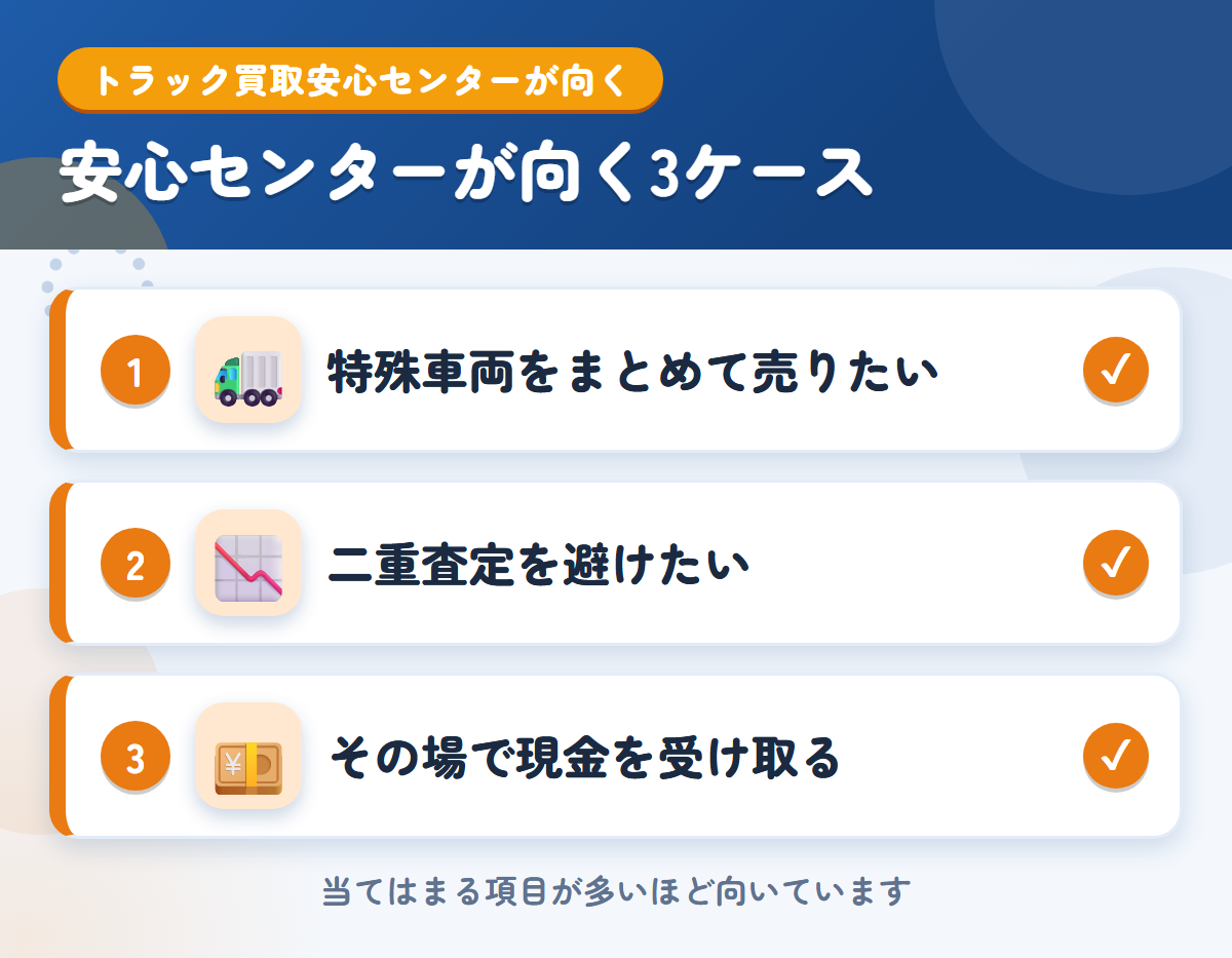 トラック買取安心センターが向くケース。特殊車両をまとめて売りたい、二重査定を避けたい、その場で現金を受け取りたい