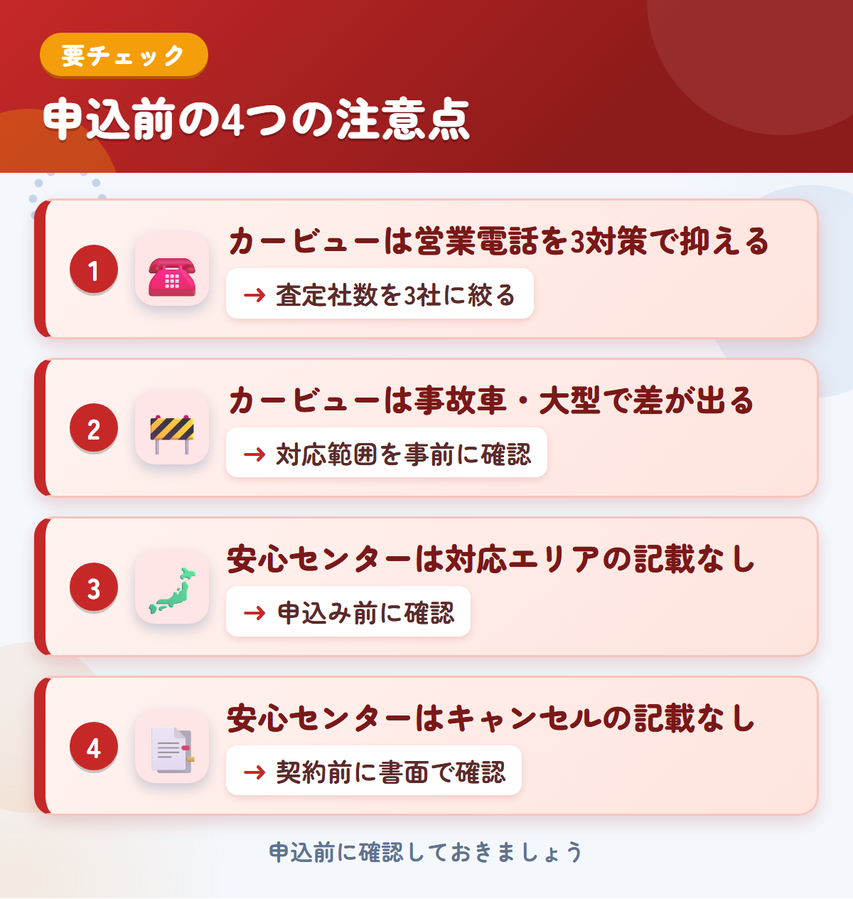 カービューとトラック買取安心センターの申込前の注意点4つ。カービューは営業電話を3対策で抑える、事故車・大型で差が出る、安心センターは対応エリアの記載がない、キャンセルの記載なし