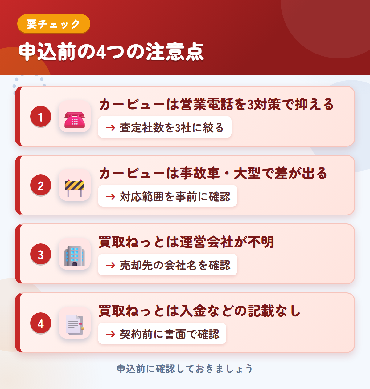 カービューとトラック買取ねっとの申込前の注意点4つ。カービューは営業電話を3対策で抑える、事故車・大型で差が出る、トラック買取ねっとは運営会社が不明、入金などの記載なし