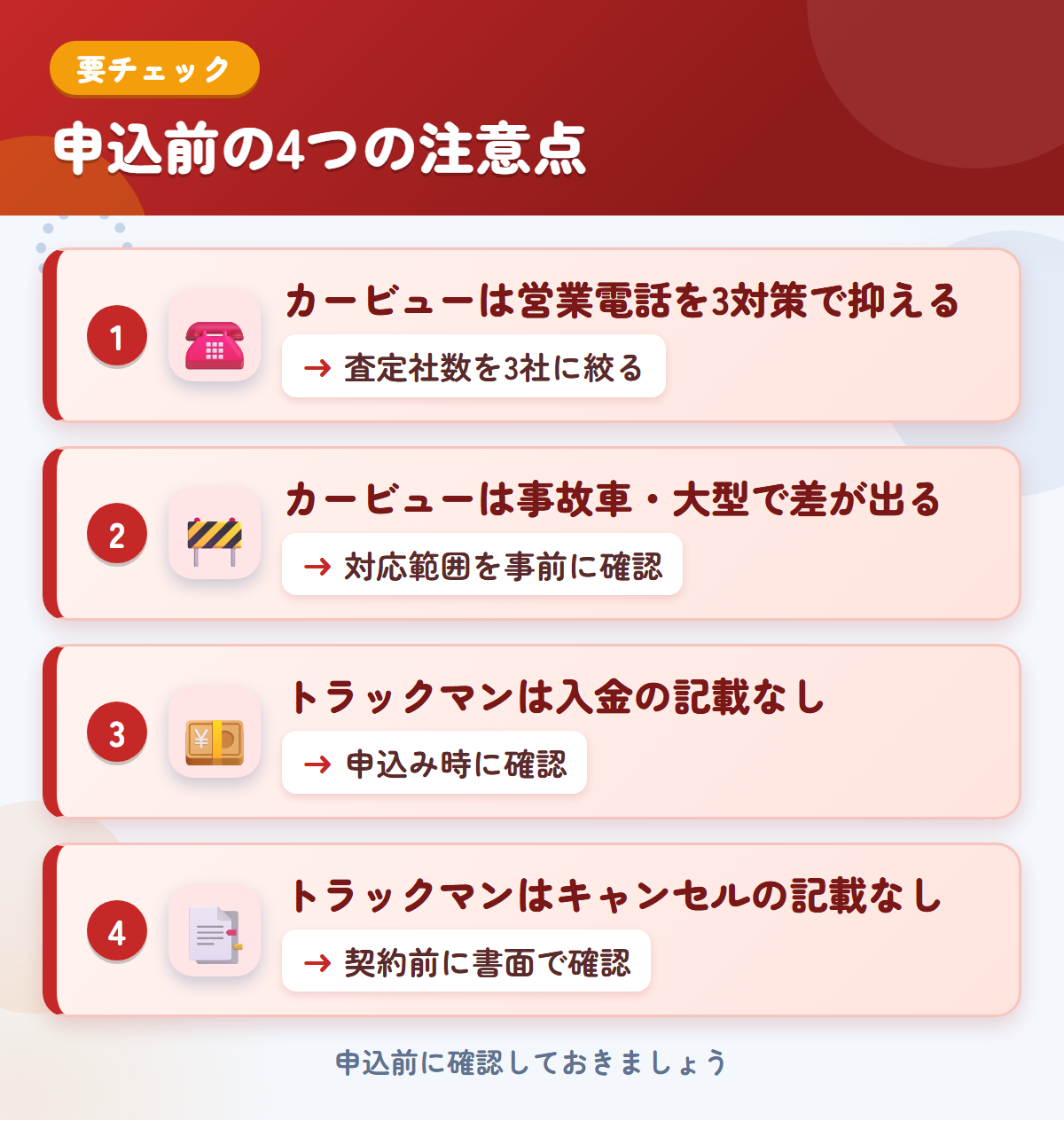カービューとトラックマンの申込前の注意点4つ。カービューは営業電話を3対策で抑える、事故車・大型で差が出る、トラックマンは入金の記載がない、キャンセルの記載なし