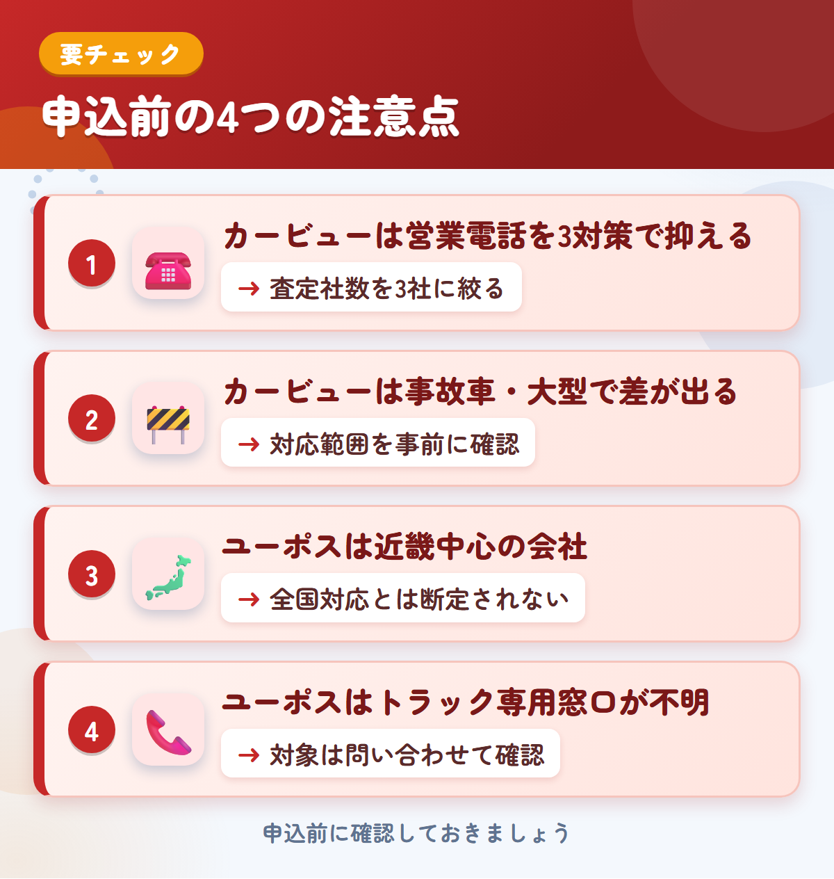 カービューとユーポスの申込前の注意点4つ。カービューは営業電話を3対策で抑える、事故車・大型で差が出る、ユーポスは近畿中心の会社、トラック専用の窓口が不明