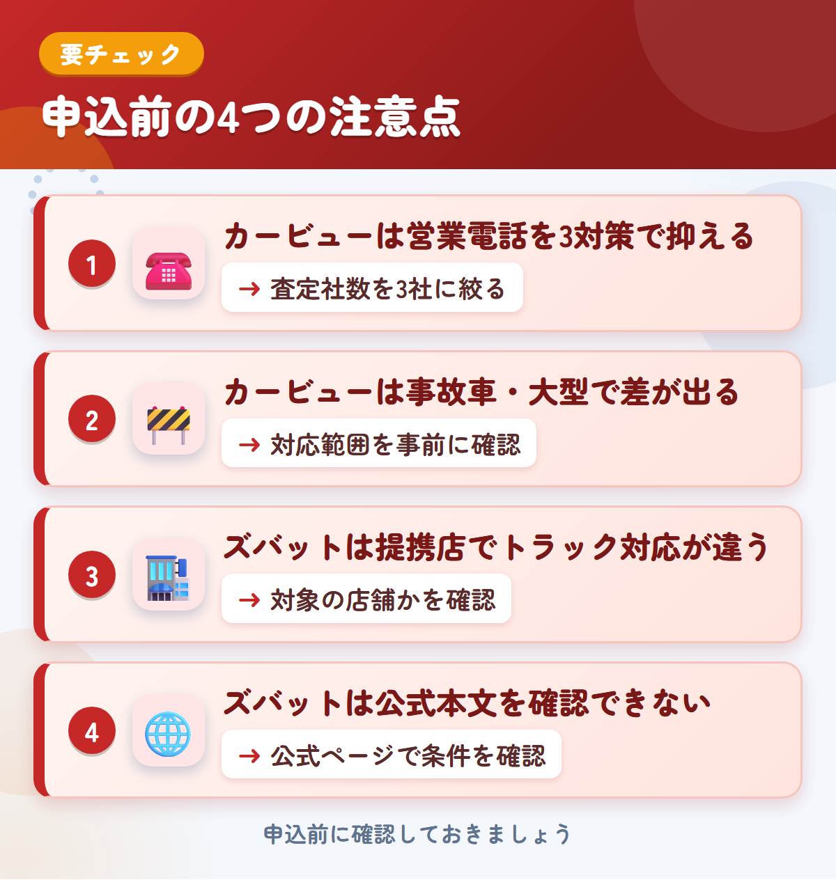 カービューとズバットの申込前の注意点4つ。カービューは営業電話を3対策で抑える、事故車・大型で差が出る、ズバットは提携店でトラック対応が違う、公式本文を確認できない