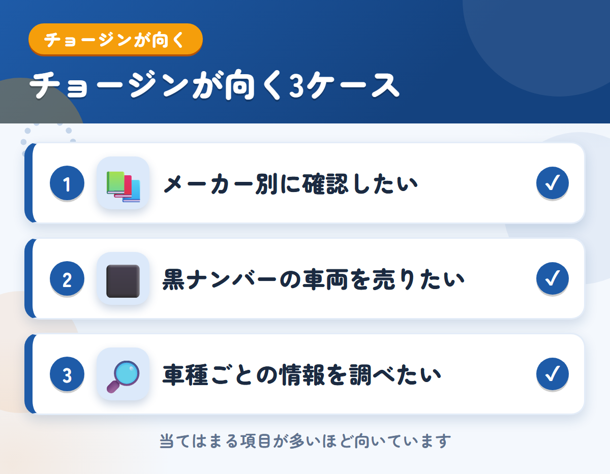 チョージンが向くケース。メーカー別に確認したい、黒ナンバーの車両を売りたい、車種ごとの情報を調べたい