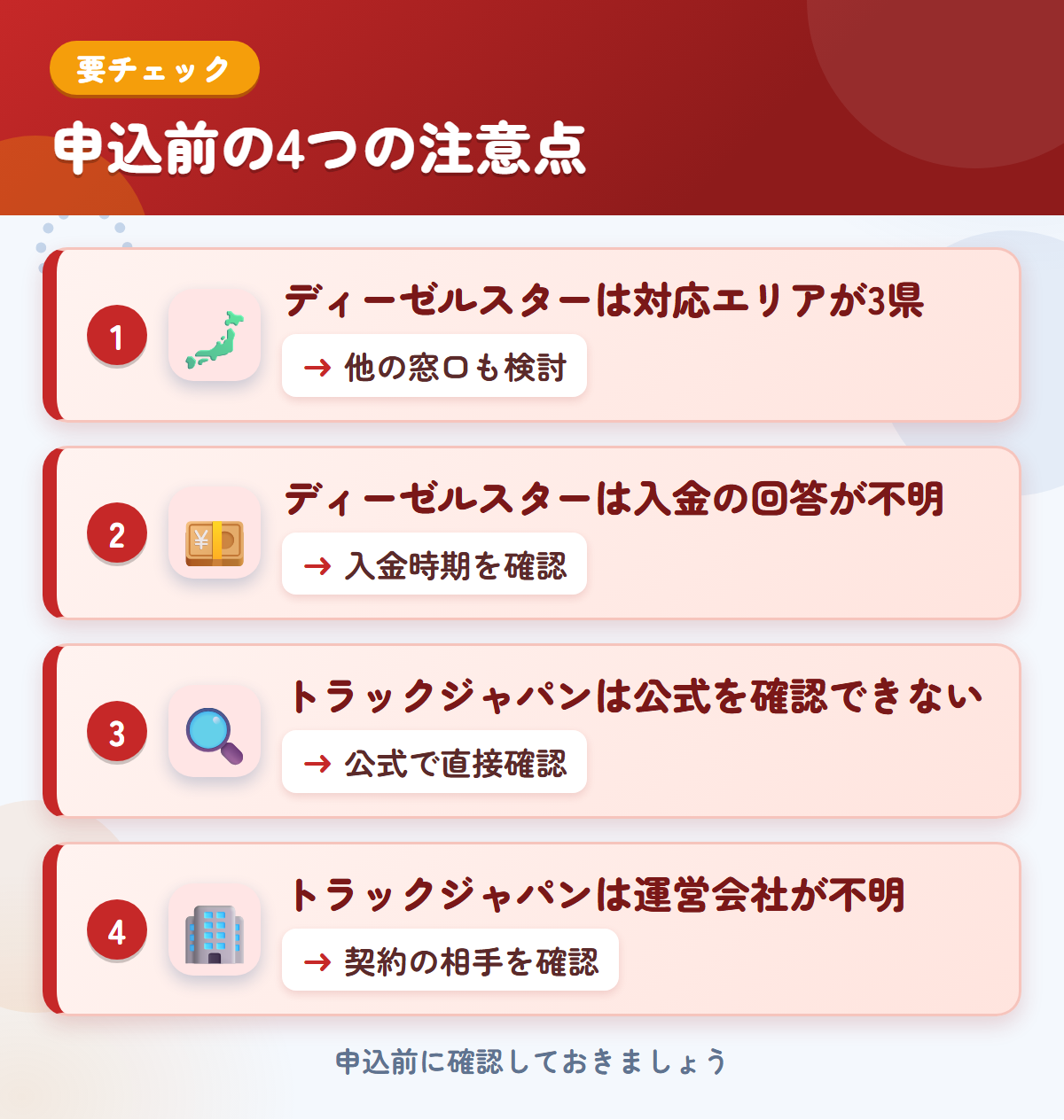 ディーゼルスターとトラックジャパンの申込前の注意点4つ。ディーゼルスターは対応エリアが3県、ディーゼルスターは入金の回答が不明、トラックジャパンは公式を確認できない、トラックジャパンは運営会社が不明