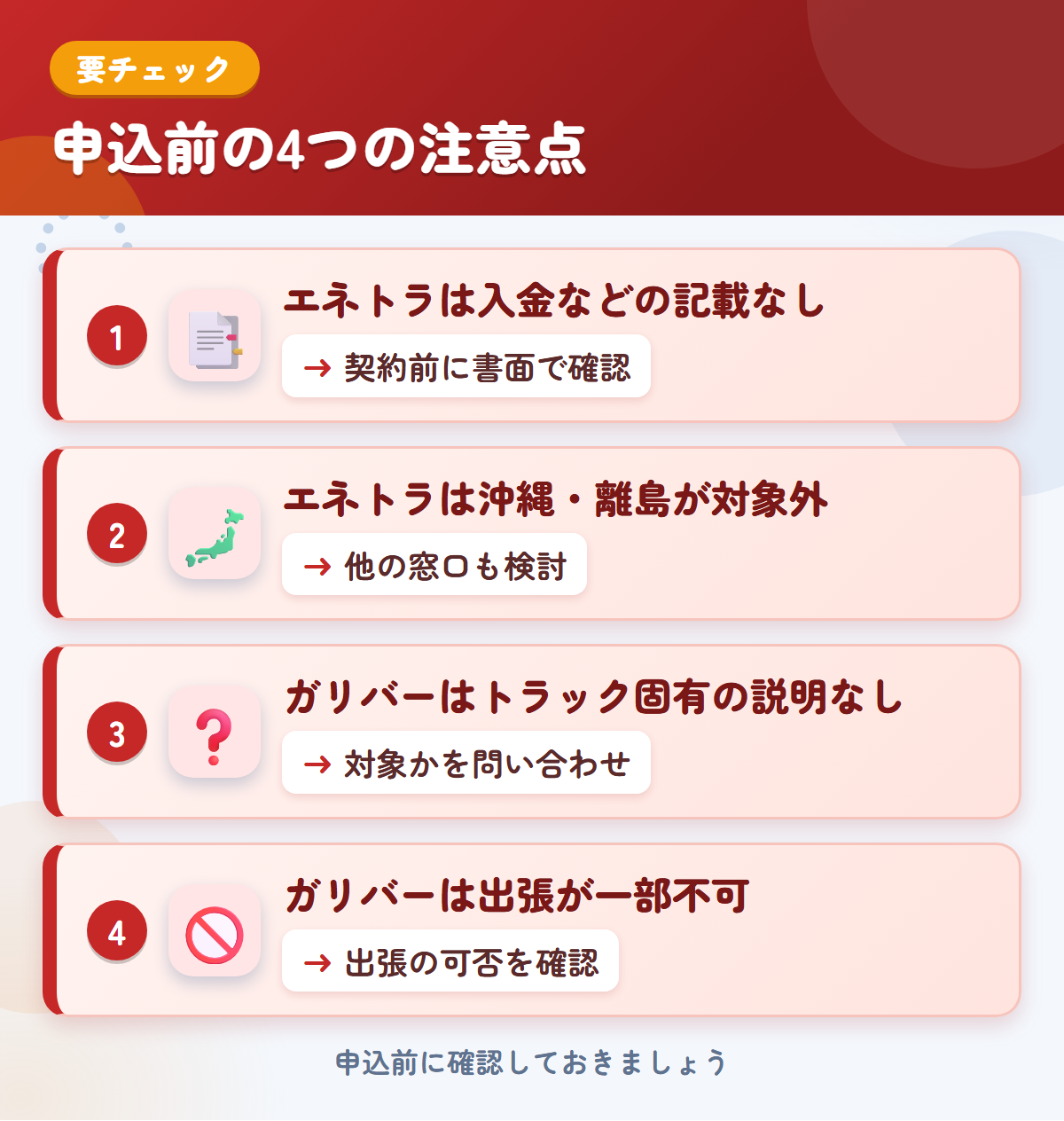 エネトラとガリバーの申込前の注意点4つ。エネトラは入金などの記載なし、エネトラは沖縄・離島が対象外、ガリバーはトラック固有の説明なし、ガリバーは出張が一部不可