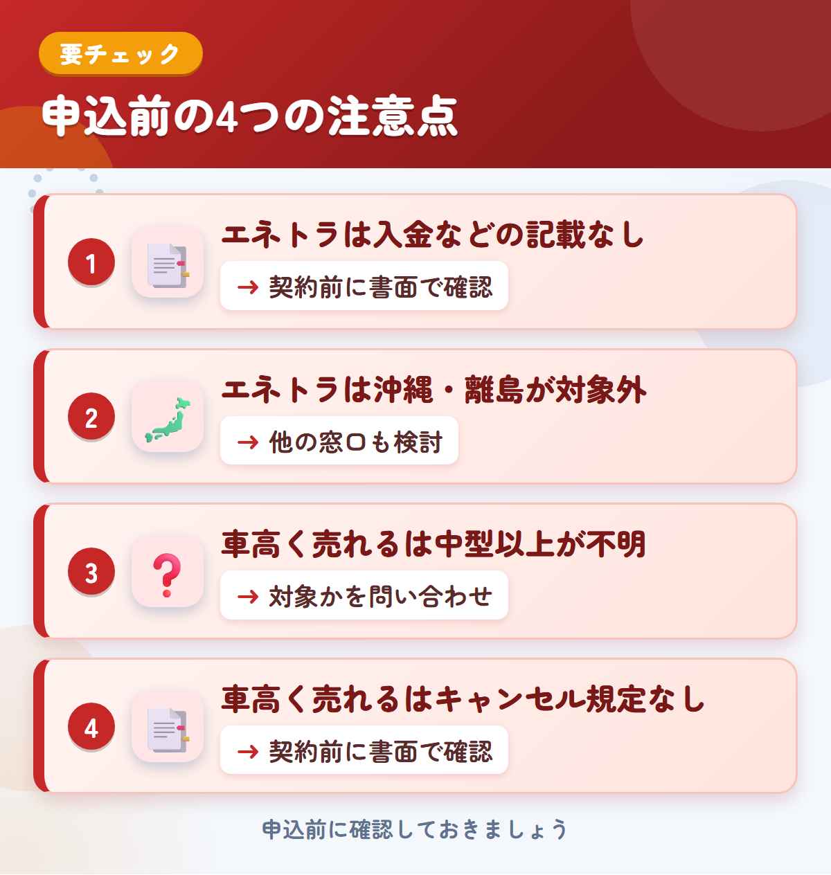 エネトラと車高く売れるの申込前の注意点4つ。エネトラは入金などの記載なし、エネトラは沖縄・離島が対象外、車高く売れるは中型以上が不明、車高く売れるはキャンセル規定なし