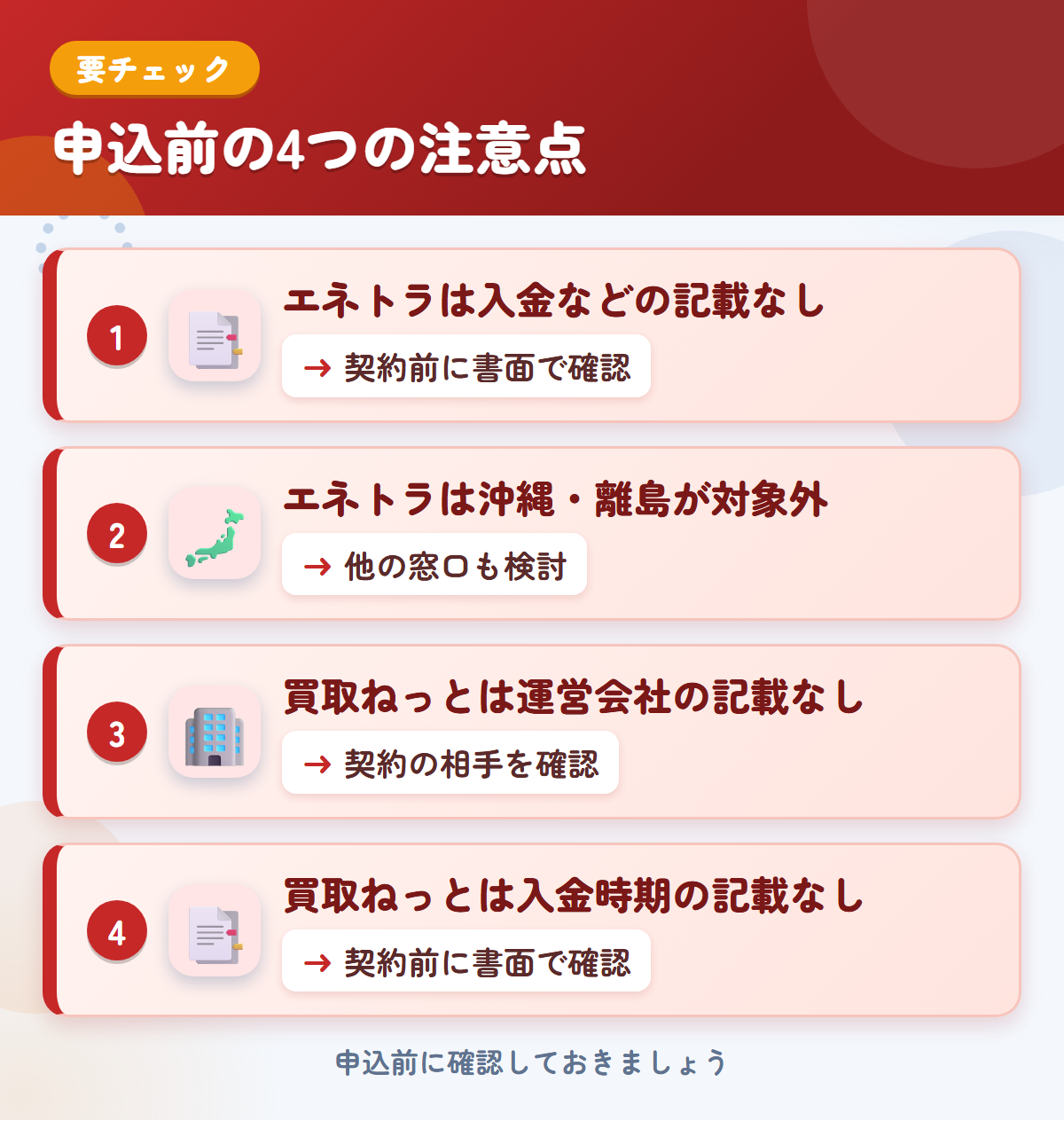 エネトラと買取ねっとの申込前の注意点4つ。エネトラは入金などの記載なし、エネトラは沖縄・離島が対象外、買取ねっとは運営会社の記載なし、買取ねっとは入金時期の記載なし