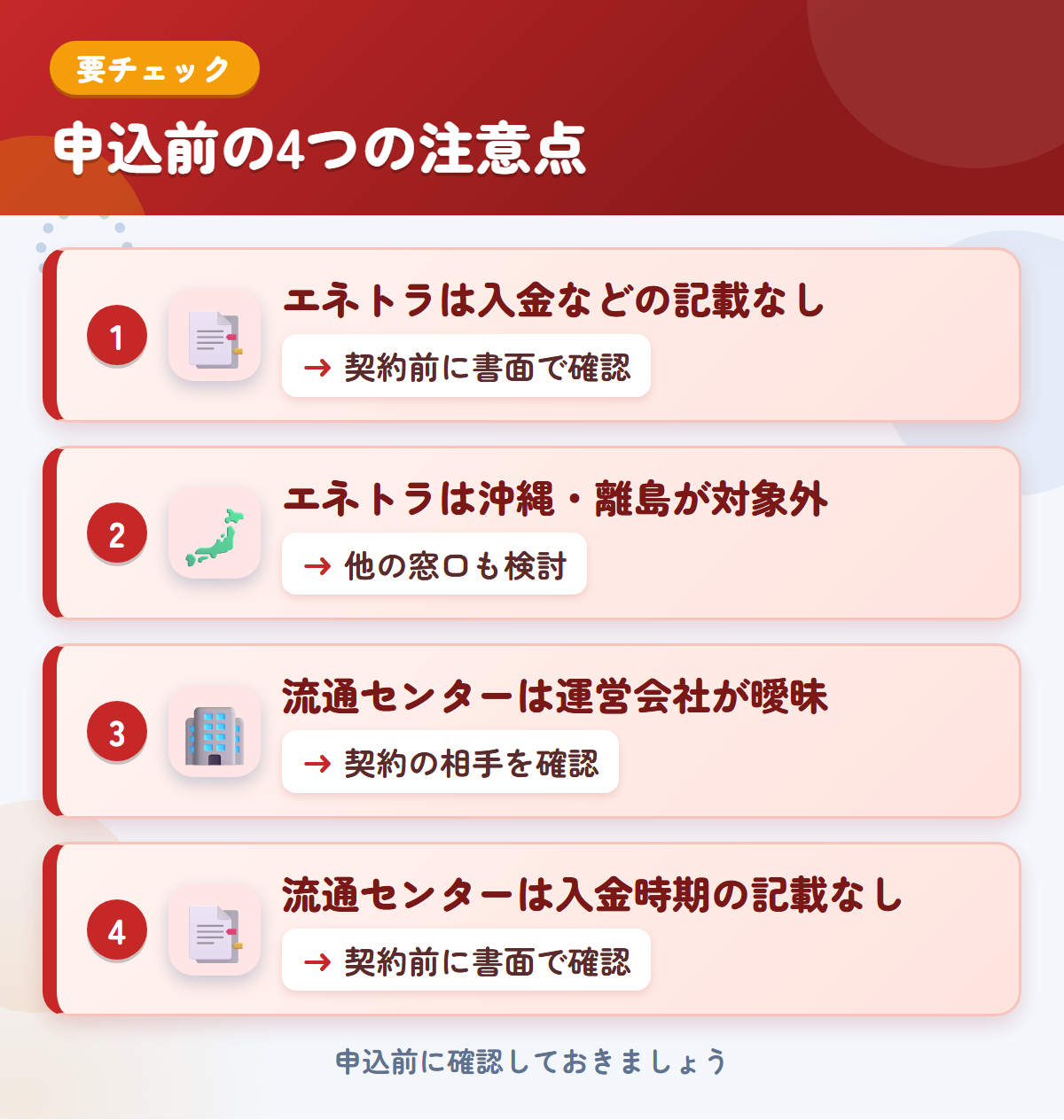 エネトラと流通センターの申込前の注意点4つ。エネトラは入金などの記載なし、エネトラは沖縄・離島が対象外、流通センターは運営会社が曖昧、流通センターは入金時期の記載なし
