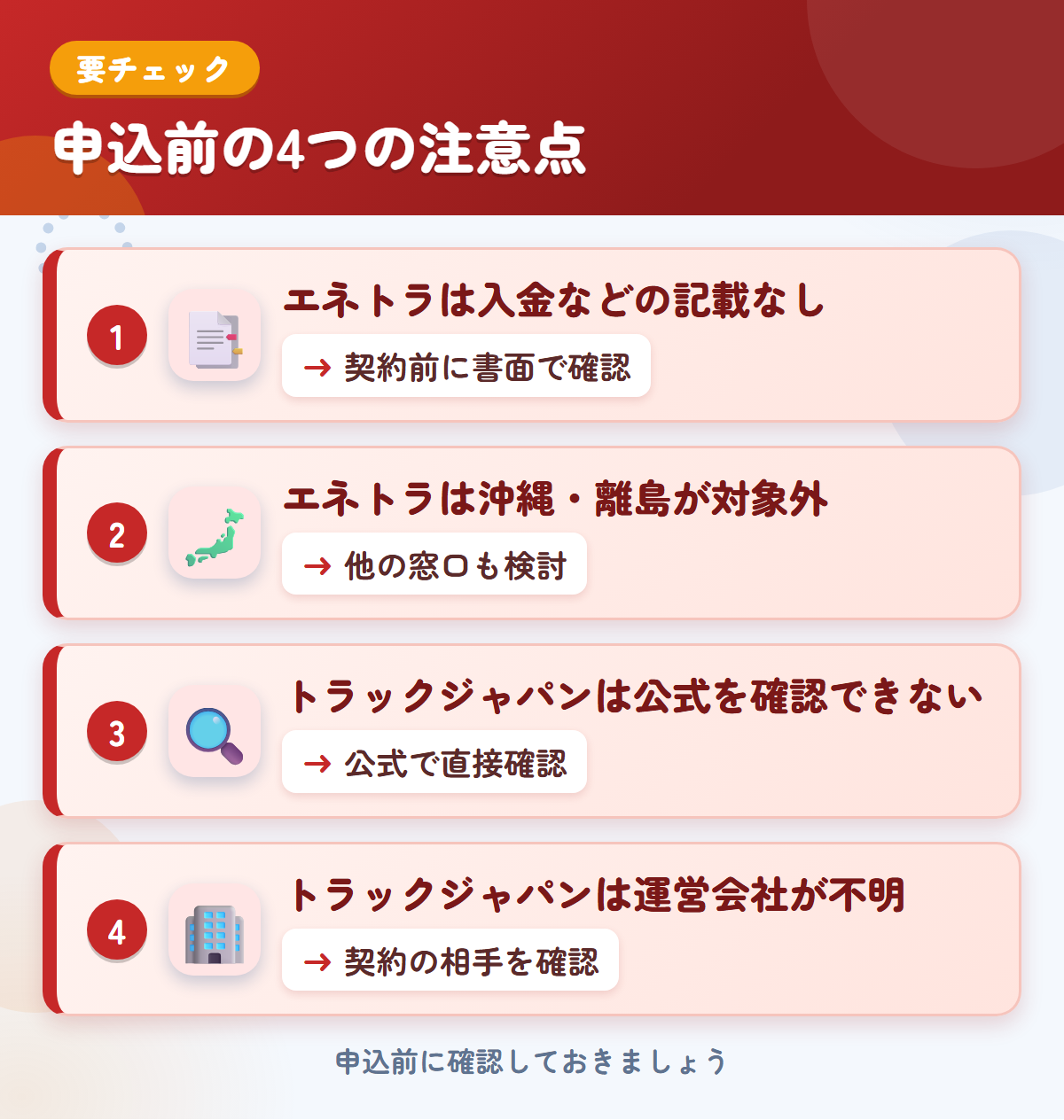 エネトラとトラックジャパンの申込前の注意点4つ。エネトラは入金などの記載なし、エネトラは沖縄・離島が対象外、トラックジャパンは公式を確認できない、トラックジャパンは運営会社が不明