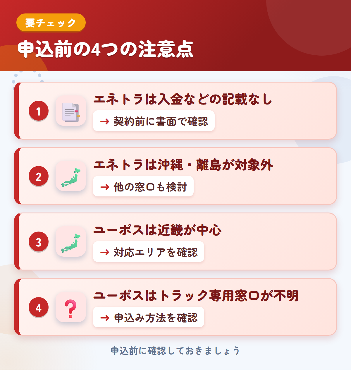 エネトラとユーポスの申込前の注意点4つ。エネトラは入金などの記載なし、エネトラは沖縄・離島が対象外、ユーポスは近畿が中心、ユーポスはトラック専用窓口が不明