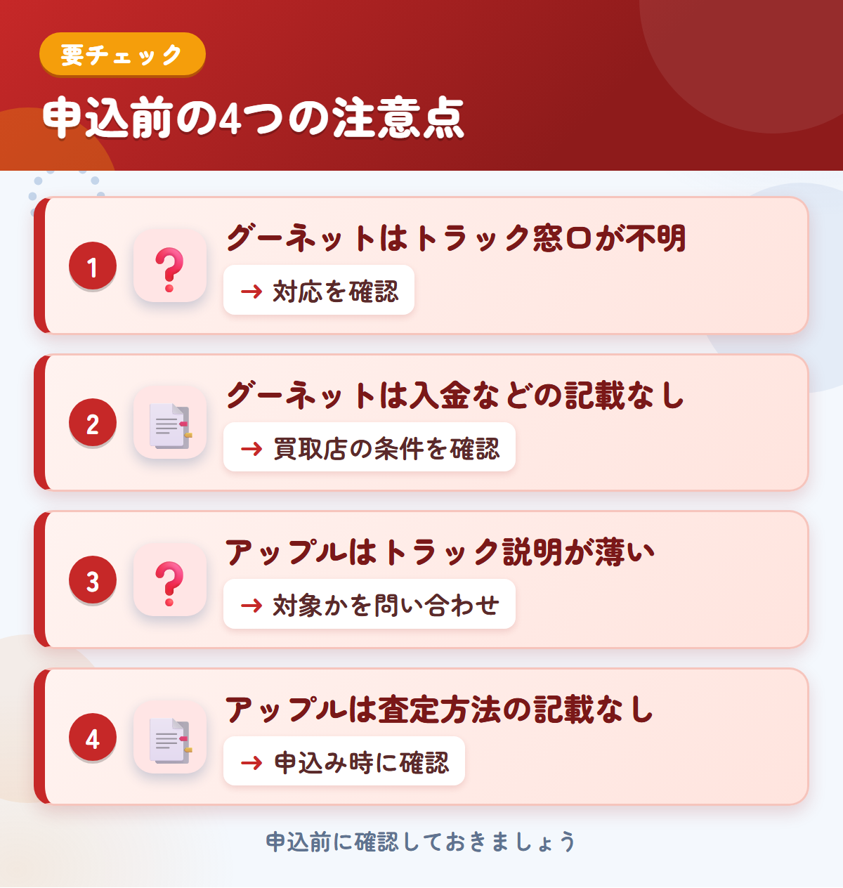 グーネットとアップルの申込前の注意点4つ。グーネットはトラック窓口が不明、グーネットは入金などの記載なし、アップルはトラック説明が薄い、アップルは査定方法の記載なし