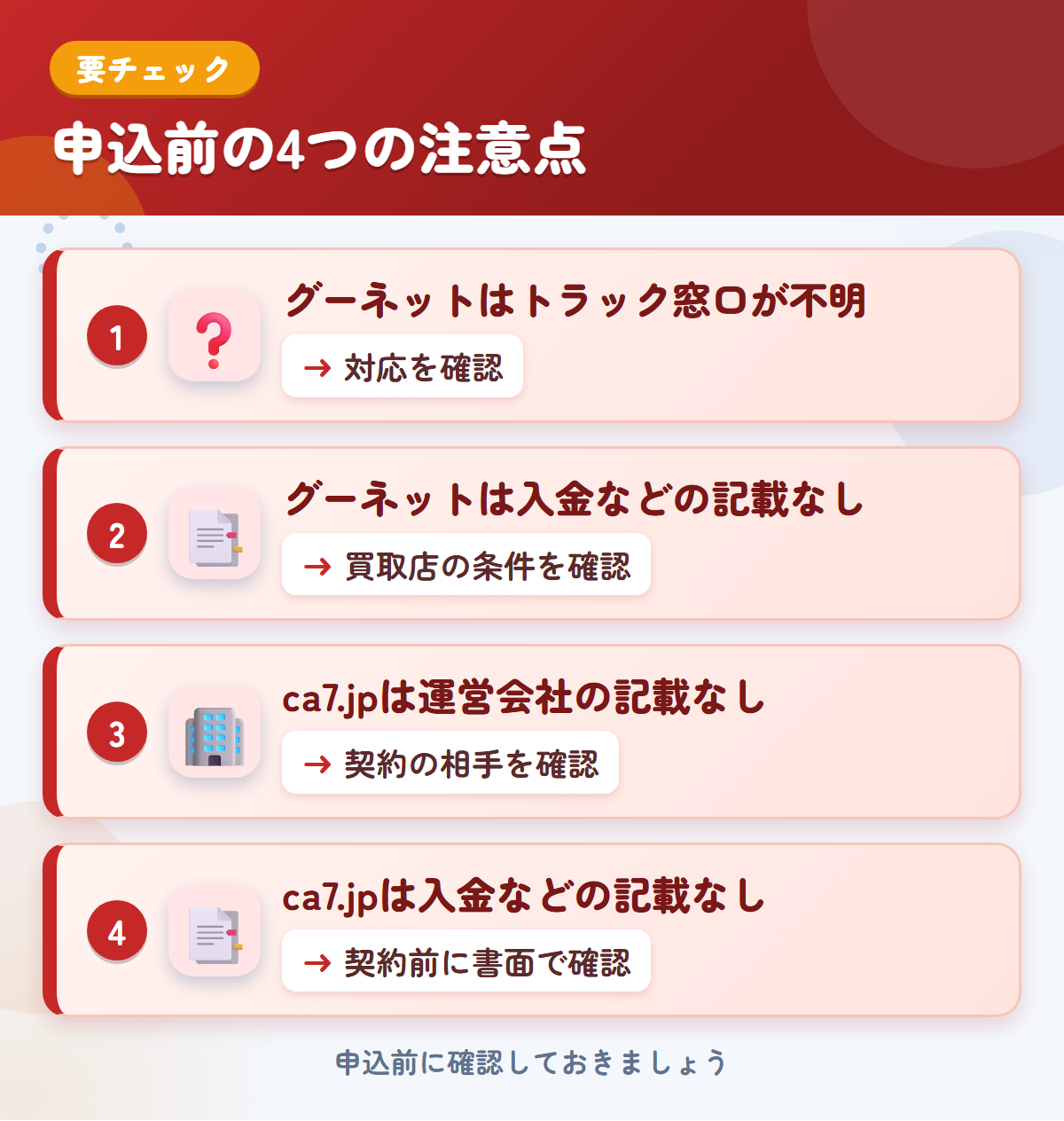 グーネットとca7.jpの申込前の注意点4つ。グーネットはトラック窓口が不明、グーネットは入金などの記載なし、ca7.jpは運営会社の記載なし、ca7.jpは入金などの記載なし